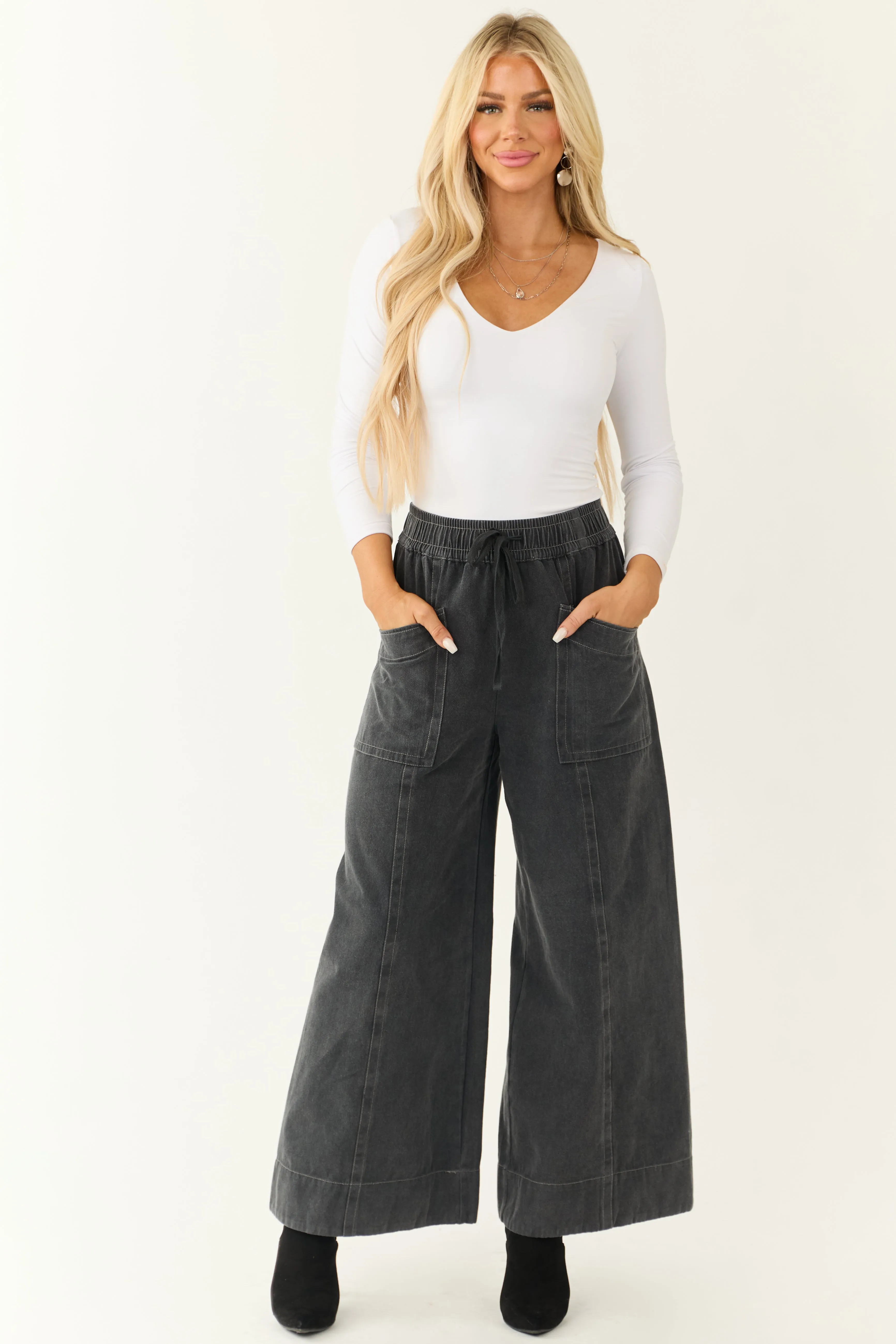 Charcoal Mineral Wash Elastic Waist Wide Leg Pants sold by Lime Lush