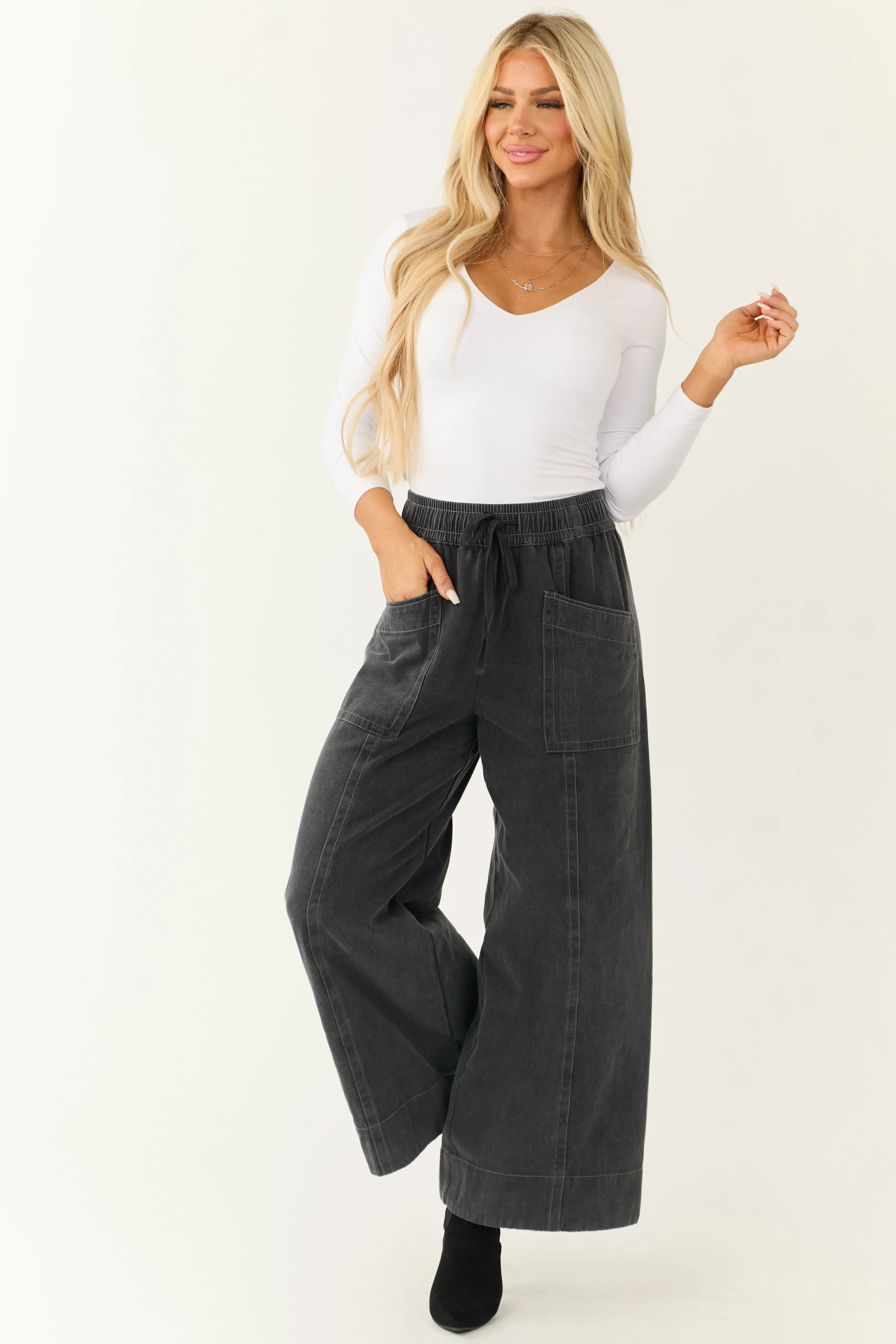 Charcoal Mineral Wash Elastic Waist Wide Leg Pants sold by Lime Lush product image thumbnail 5