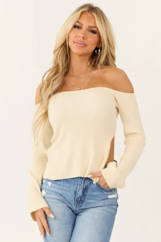 Cream Long Sleeve Off the Shoulder Side Slit Top sold by Lime Lush