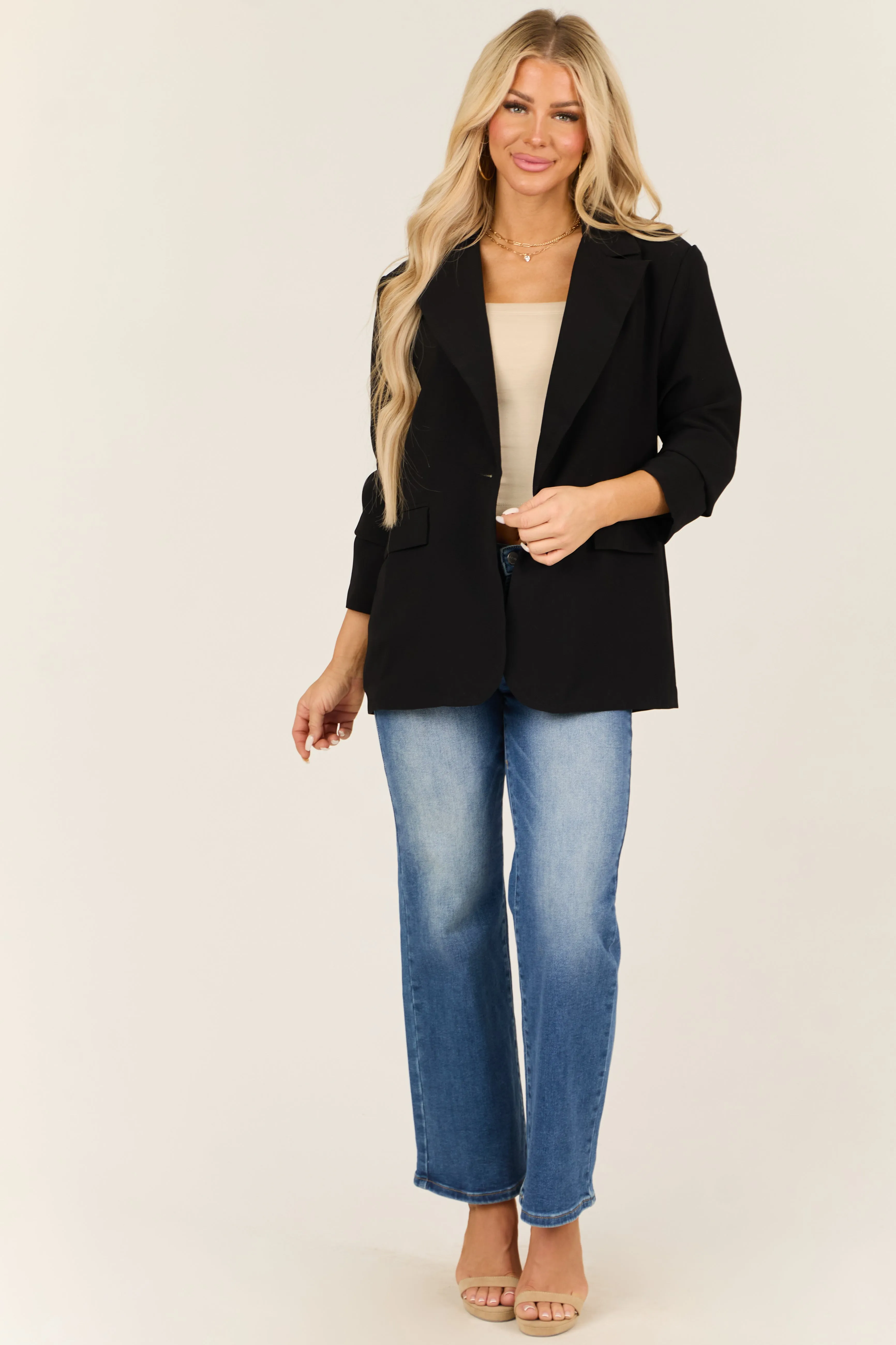 Black Single Button Long Sleeve Shoulder Pad Blazer sold by Lime Lush product image thumbnail 2