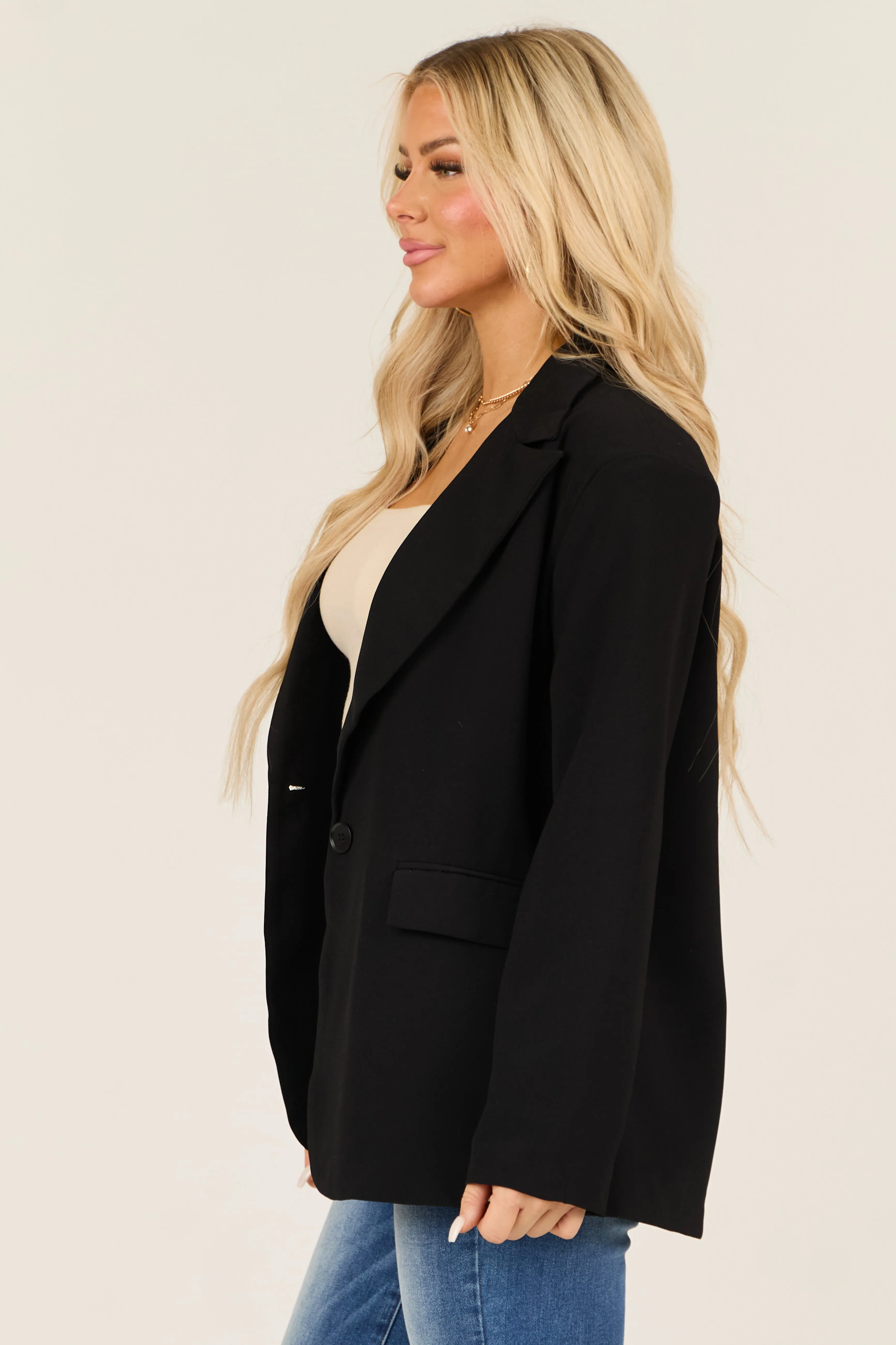 Black Single Button Long Sleeve Shoulder Pad Blazer sold by Lime Lush product image thumbnail 4