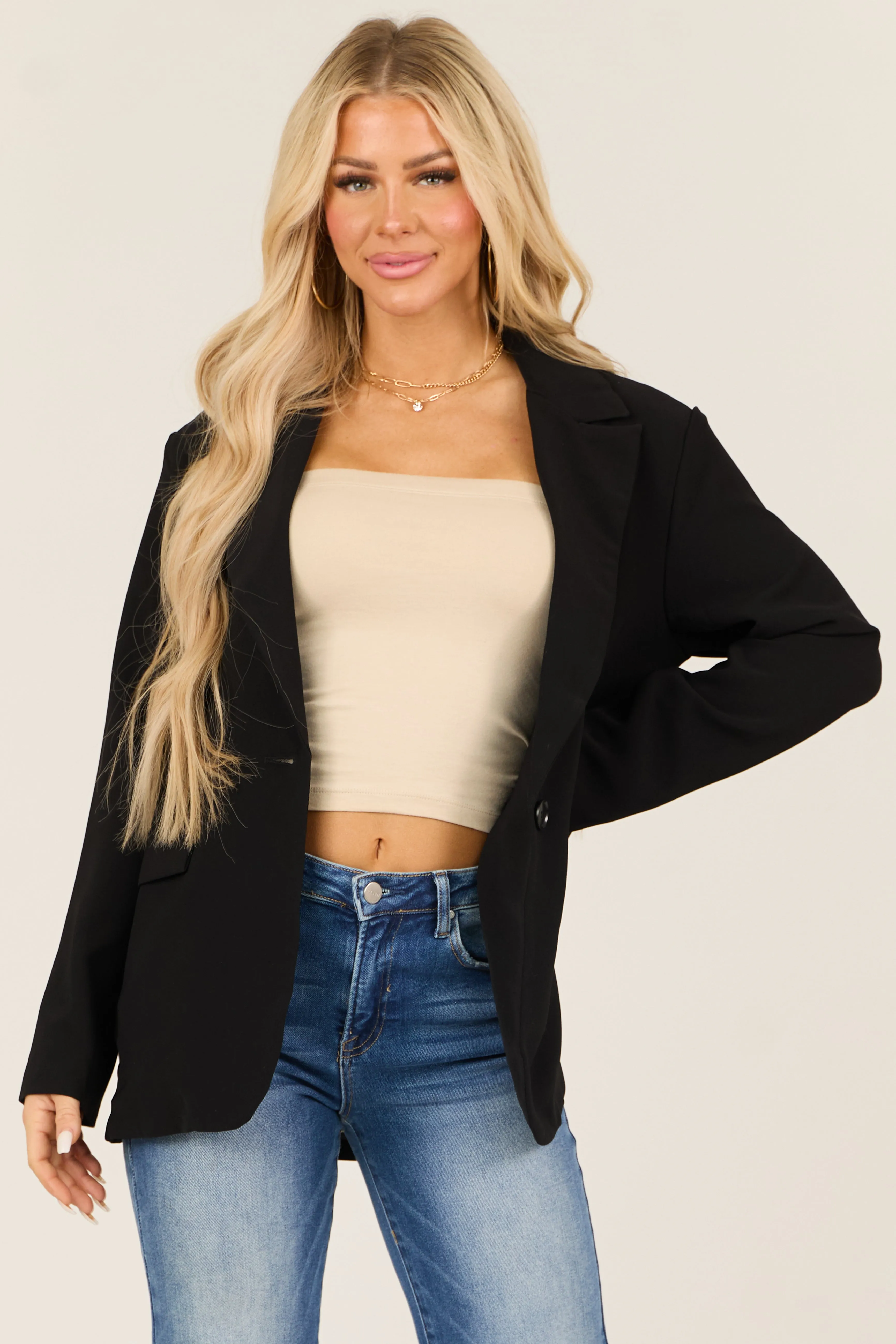 Black Single Button Long Sleeve Shoulder Pad Blazer sold by Lime Lush