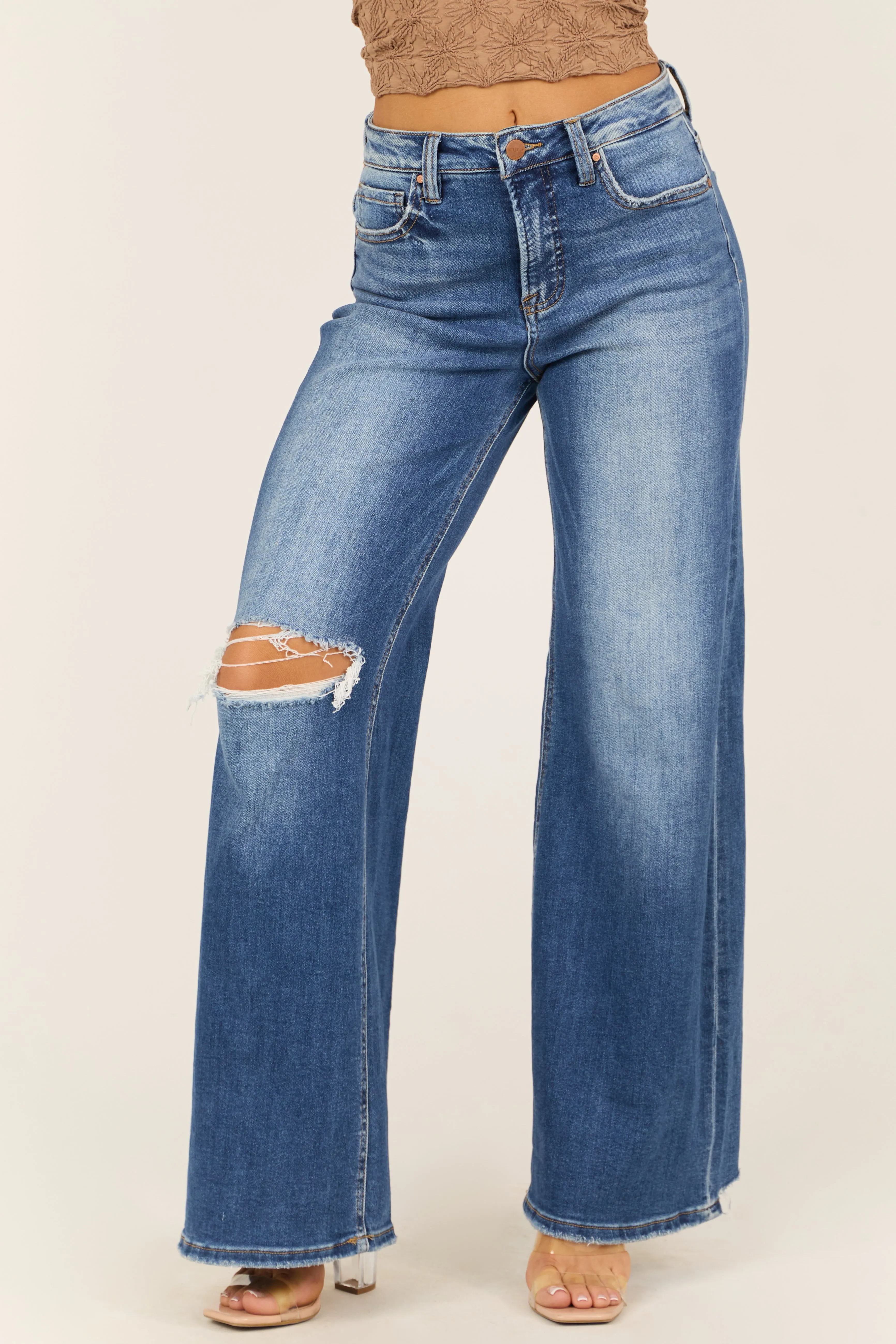 Risen Dark Wash Tummy Control Distressed Jeans sold by Lime Lush