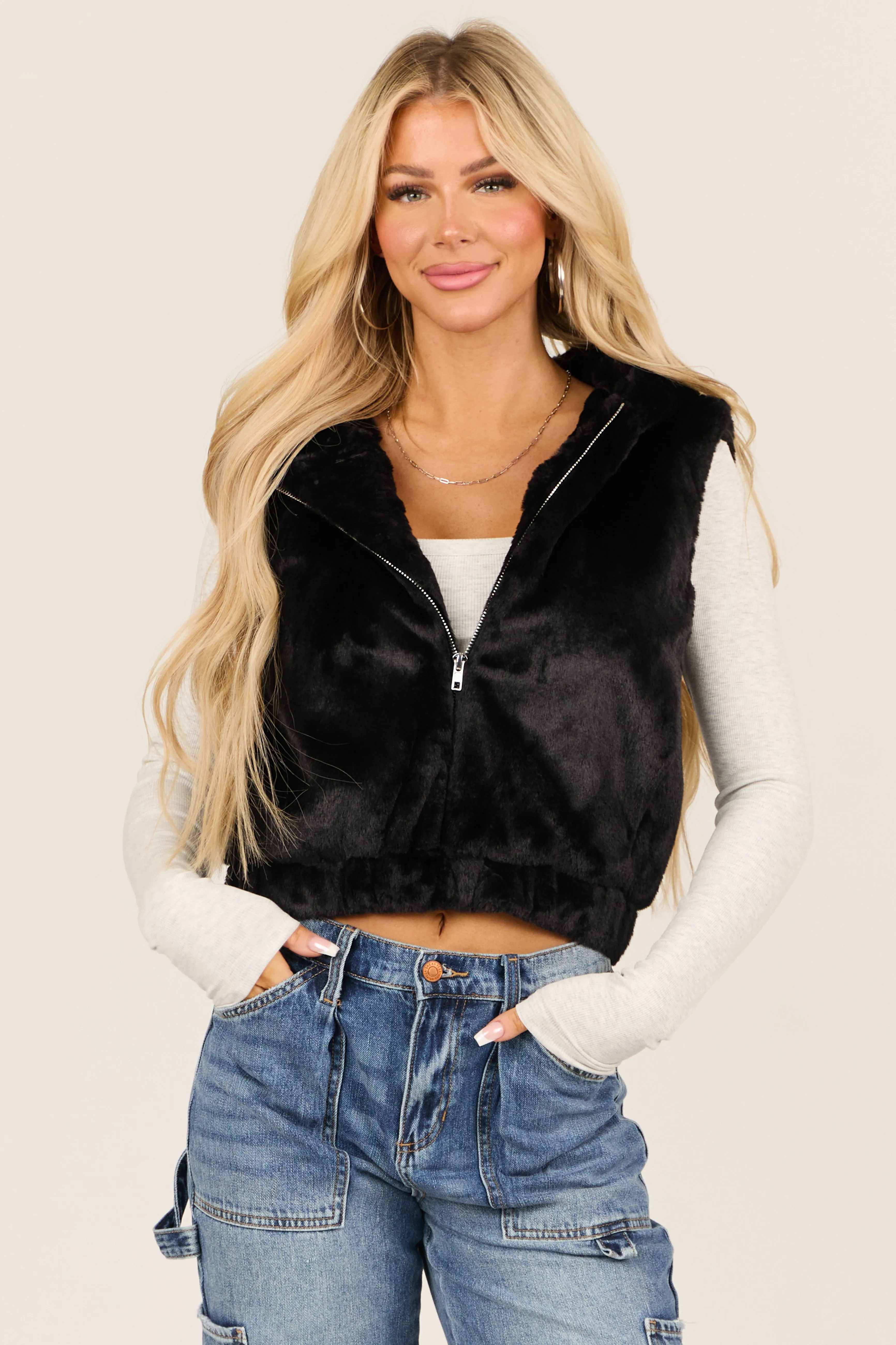 Black Faux Fur Zip Up Hoodie Vest with Pockets sold by Lime Lush
