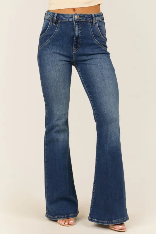 Cello Dark Wash Flare Leg High Rise Jeans sold by Lime Lush