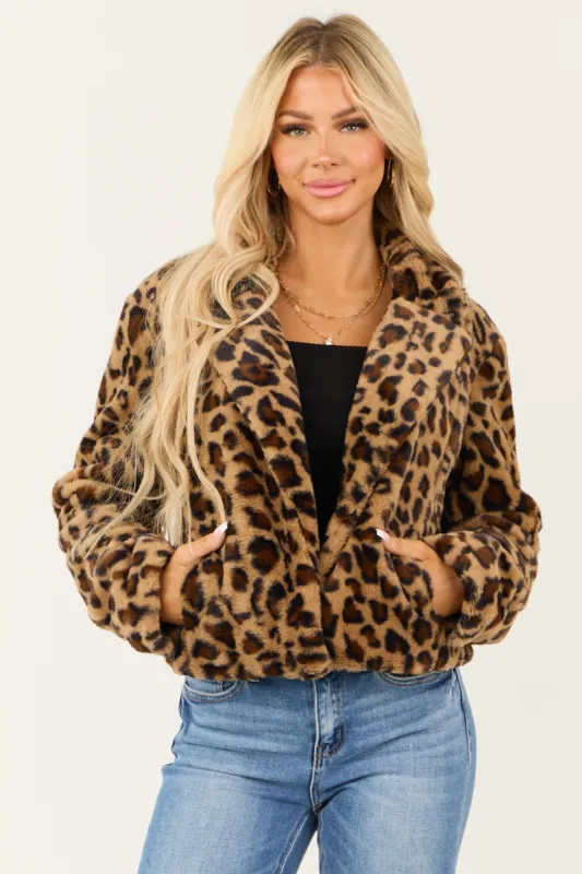 Camel Open Front Leopard Print Faux Fur Jacket sold by Lime Lush