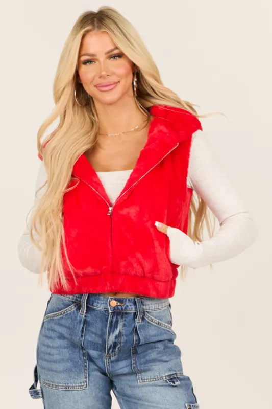 Lipstick Faux Fur Zip Up Hoodie Vest with Pockets sold by Lime Lush