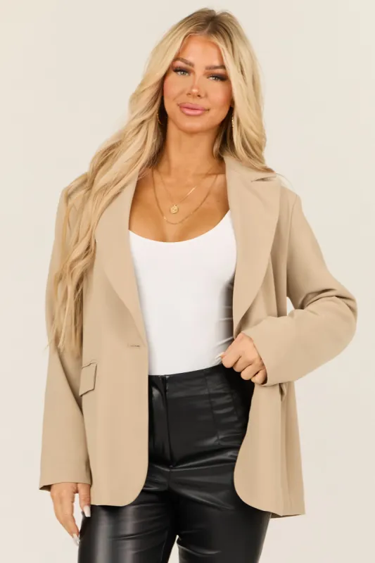 Beige Single Button Long Sleeve Shoulder Pad Blazer sold by Lime Lush