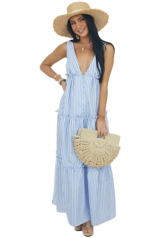 Cornflower and Ivory Striped Print Maxi Dress sold by Lime Lush