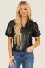 Black Puff Sleeve Split Neck Faux Leather Top sold by Lime Lush