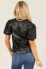Black Puff Sleeve Split Neck Faux Leather Top sold by Lime Lush