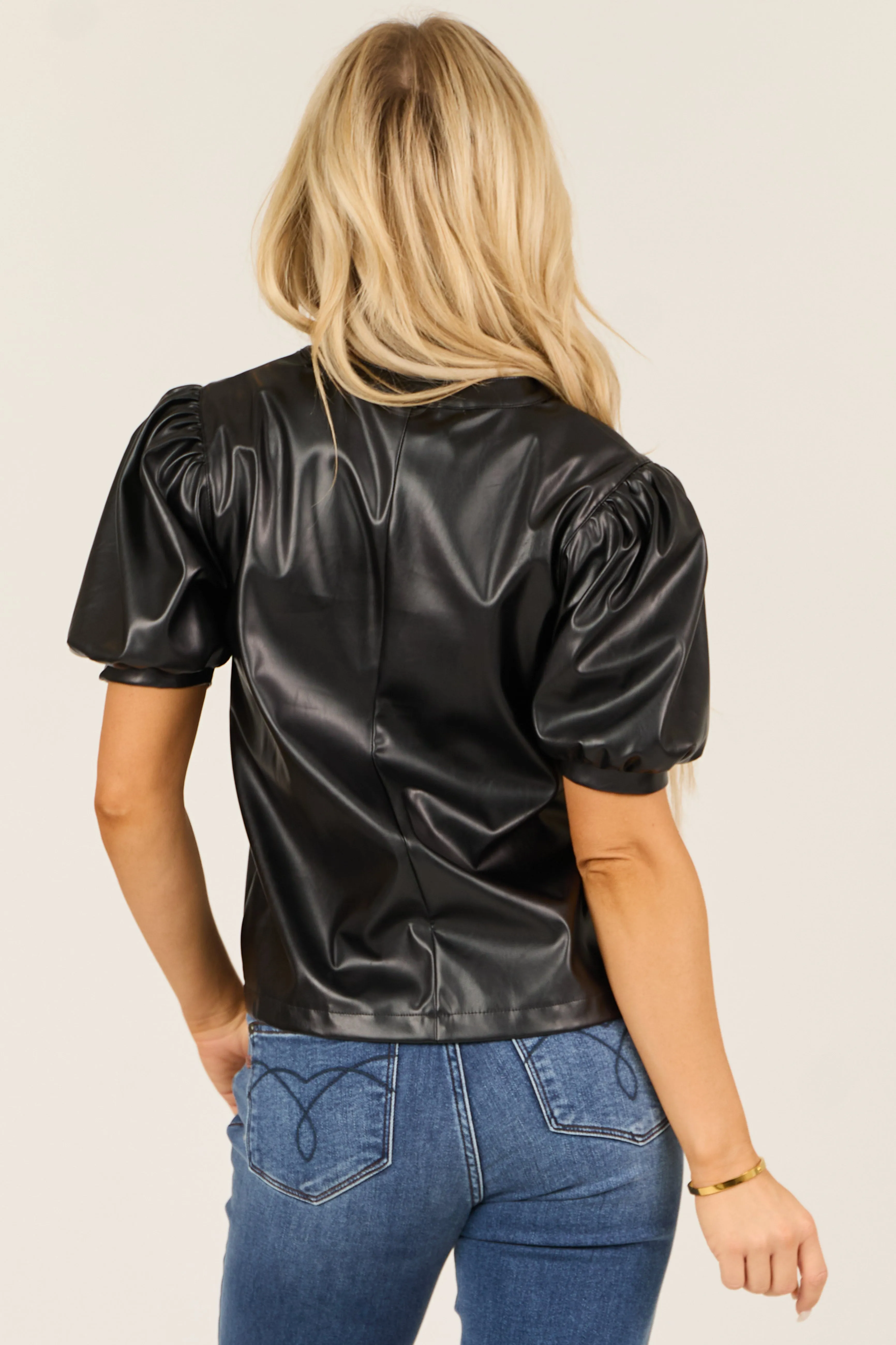 Black Puff Sleeve Split Neck Faux Leather Top sold by Lime Lush product image thumbnail 5