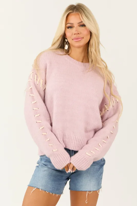 Dusty Blush Knit Sweater with Contrast Yarn Stitch sold by Lime Lush
