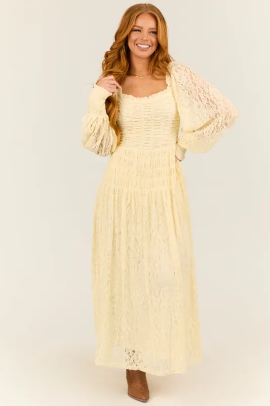 Cream Smocked Bubble Sleeve Lace Maxi Dress sold by Lime Lush
