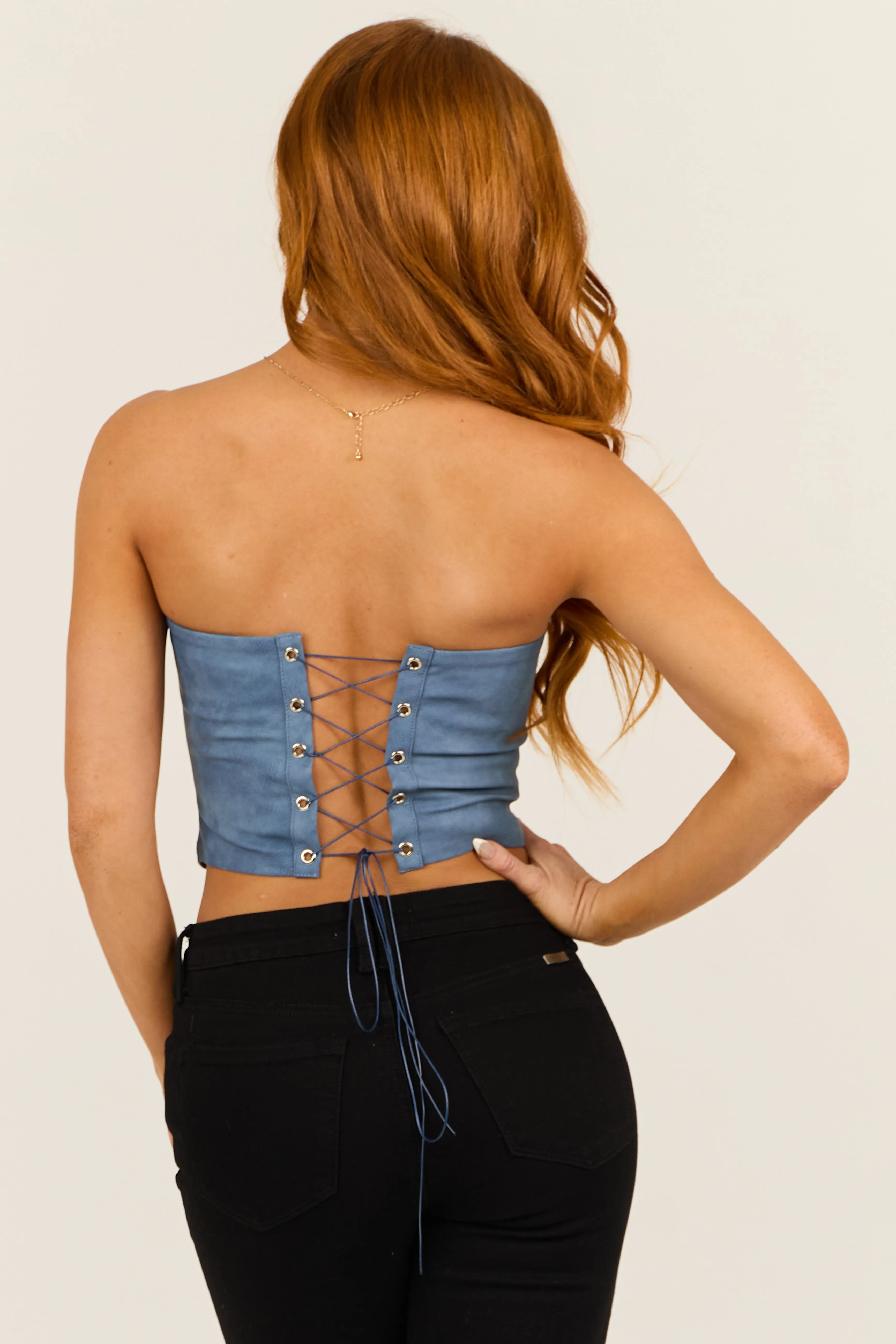 Dusty Blue Faux Leather Western Corset Top sold by Lime Lush product image thumbnail 5