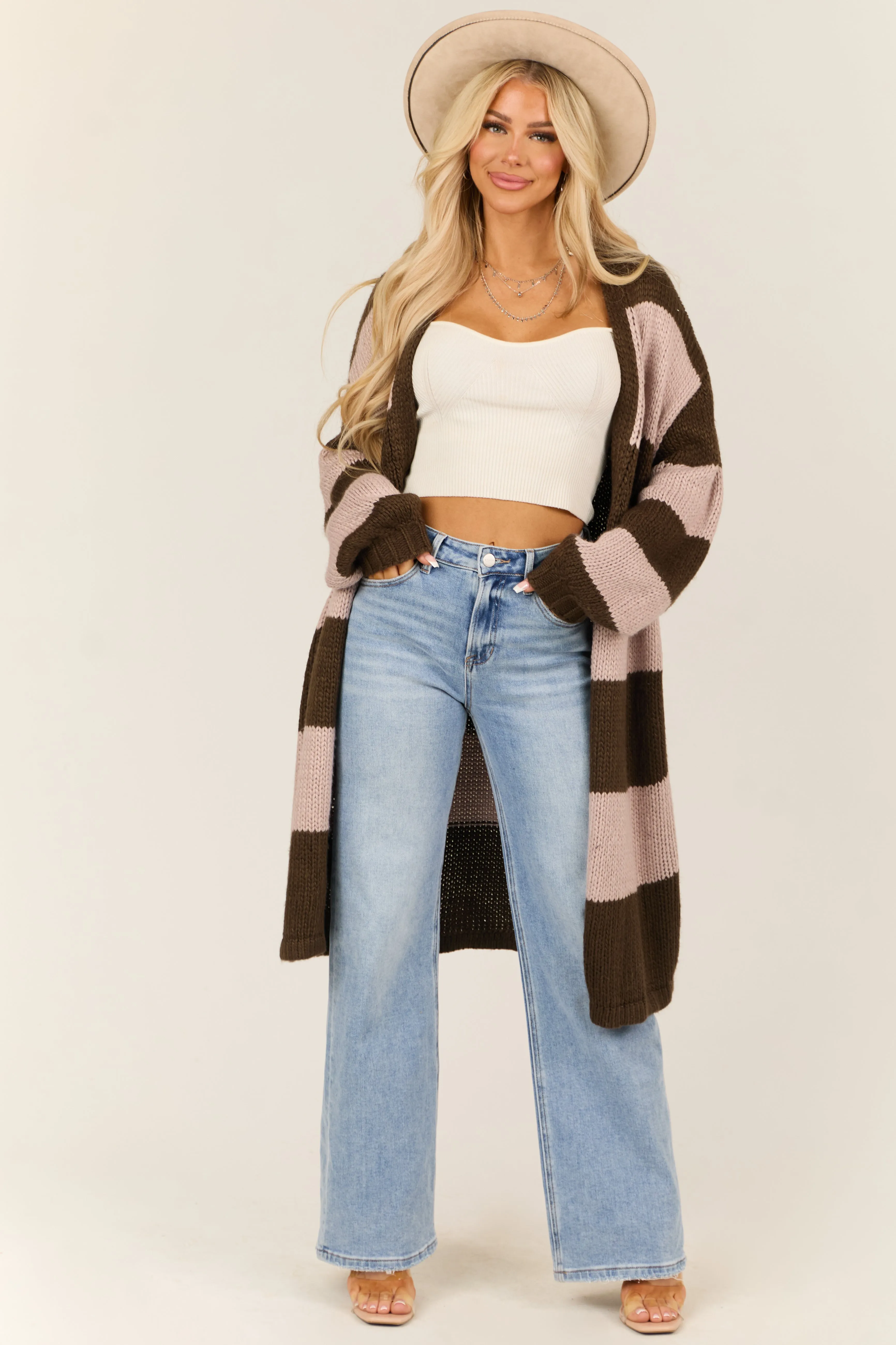 Walnut and Dusty Blush Striped Knit Duster Cardigan sold by Lime Lush product image thumbnail 4