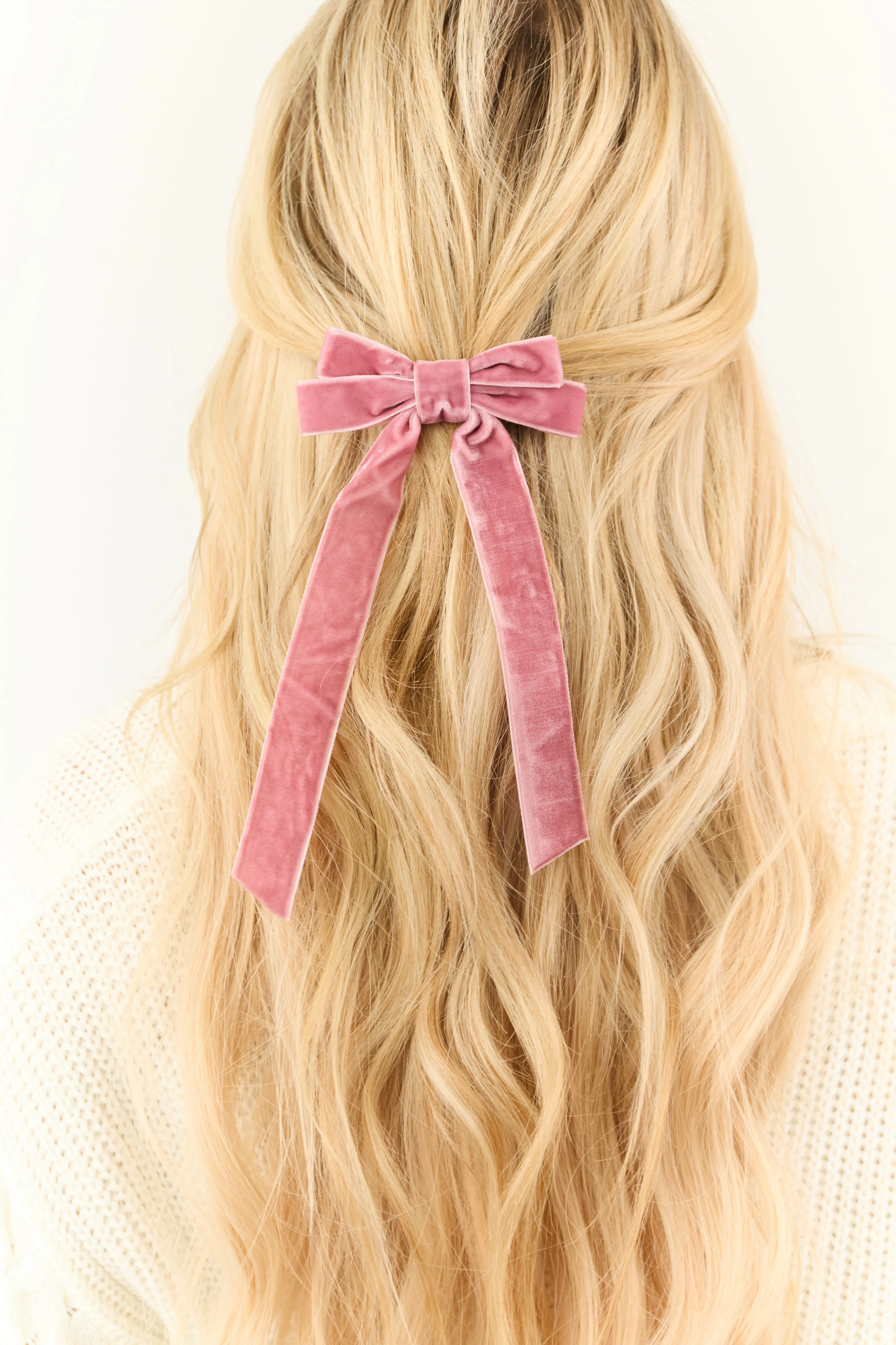 Dusty Rose Velvet Long Ribbon Bow Hair Clip sold by Lime Lush product image thumbnail 2