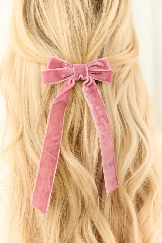 Dusty Rose Velvet Long Ribbon Bow Hair Clip sold by Lime Lush