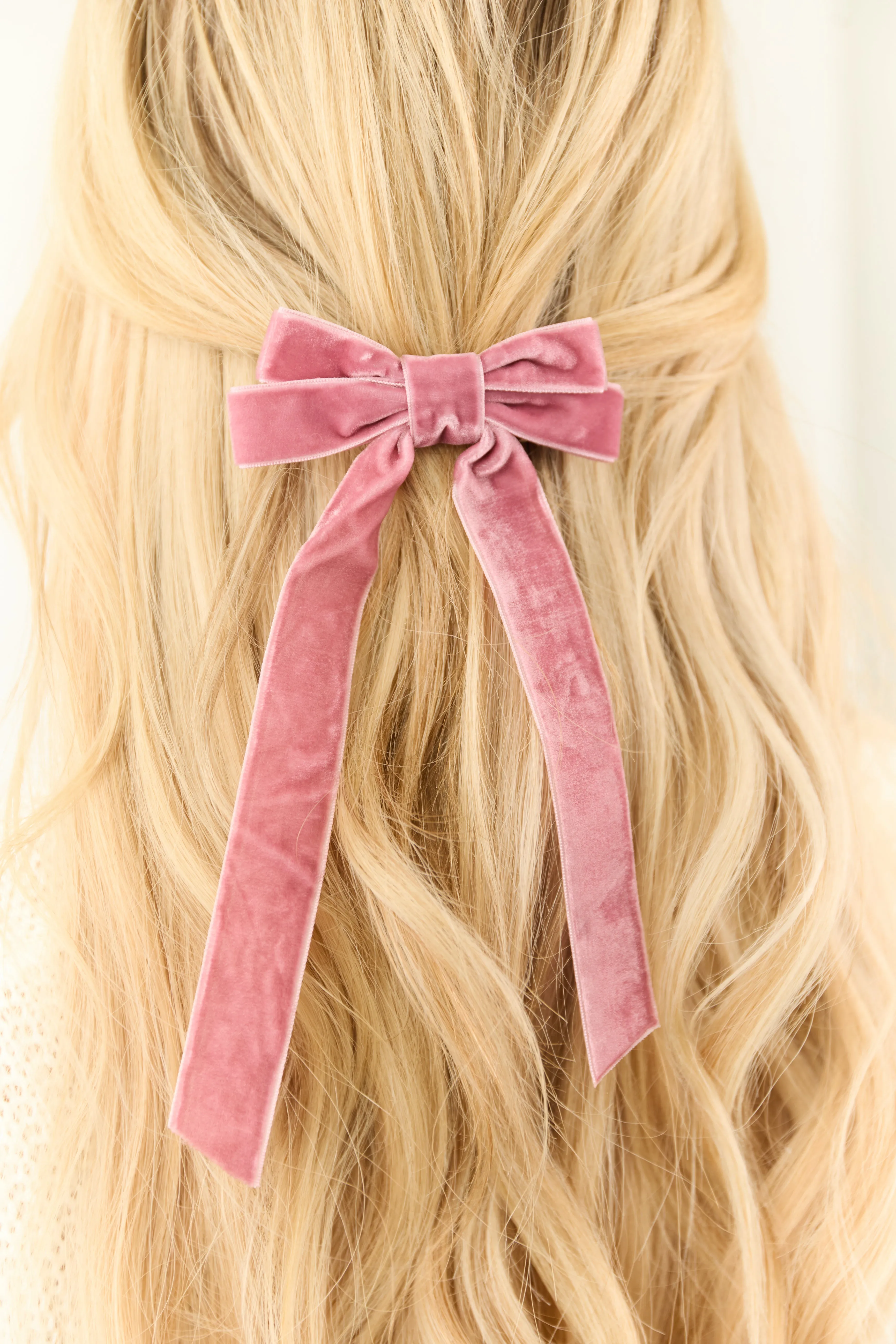 Dusty Rose Velvet Long Ribbon Bow Hair Clip sold by Lime Lush
