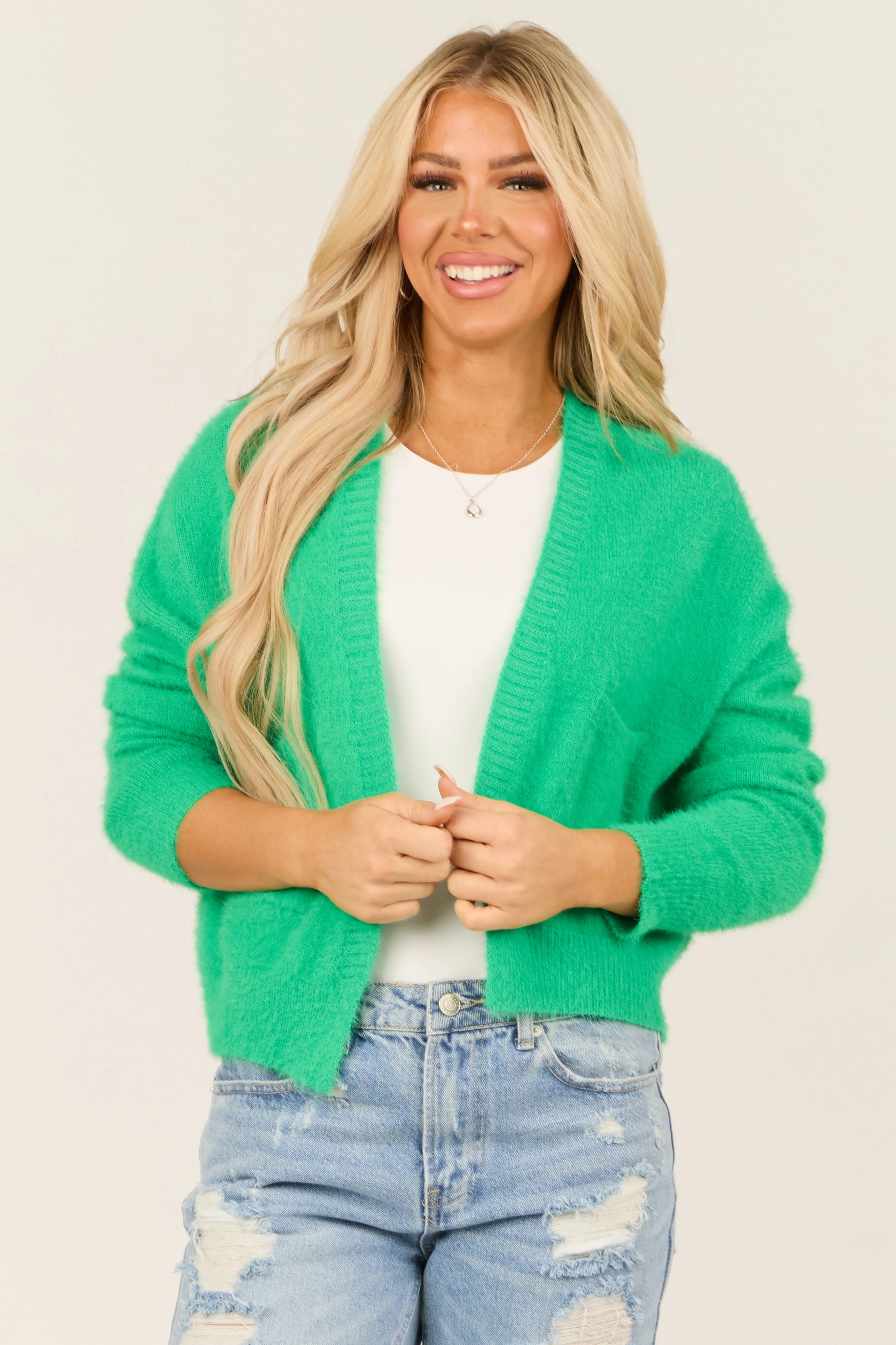 Bright Kelly Green Open Front Fuzzy Knit Cardigan sold by Lime Lush