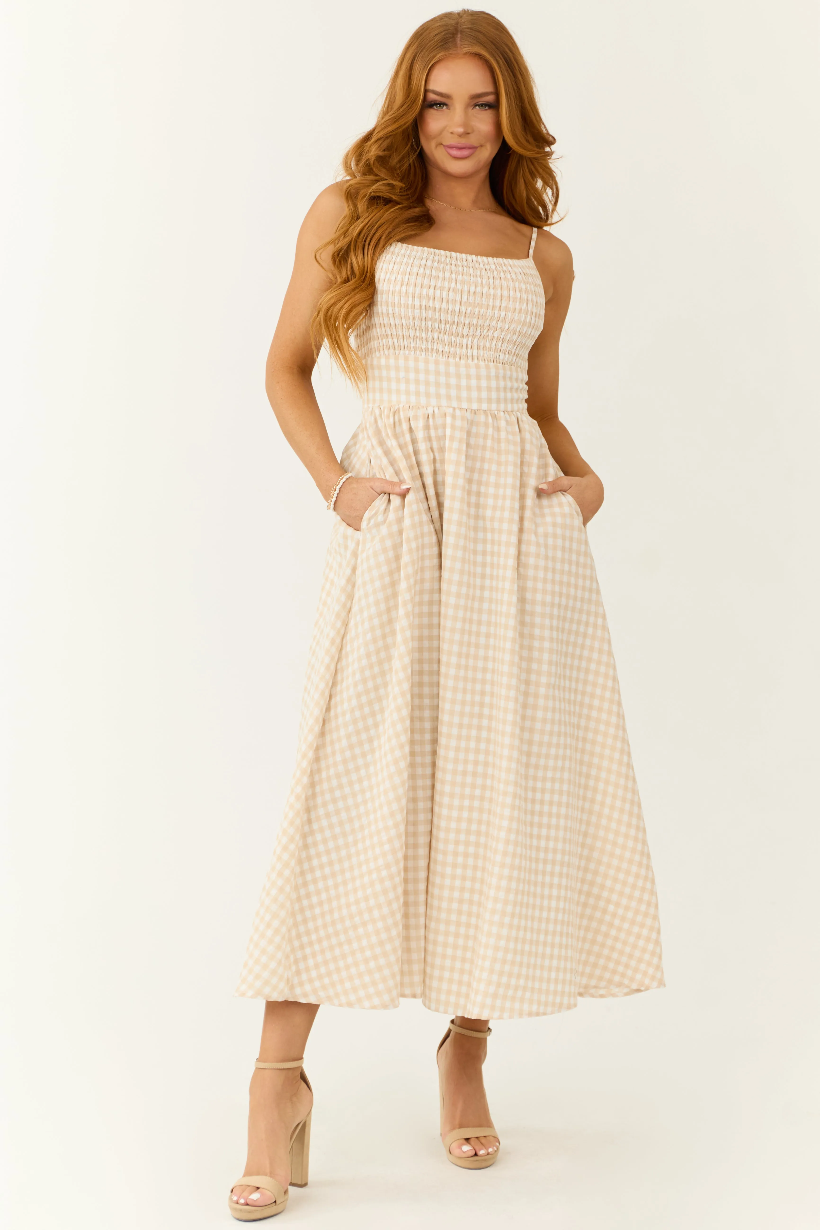 Blush Gingham Square Neck Sleeveless Midi Dress sold by Lime Lush