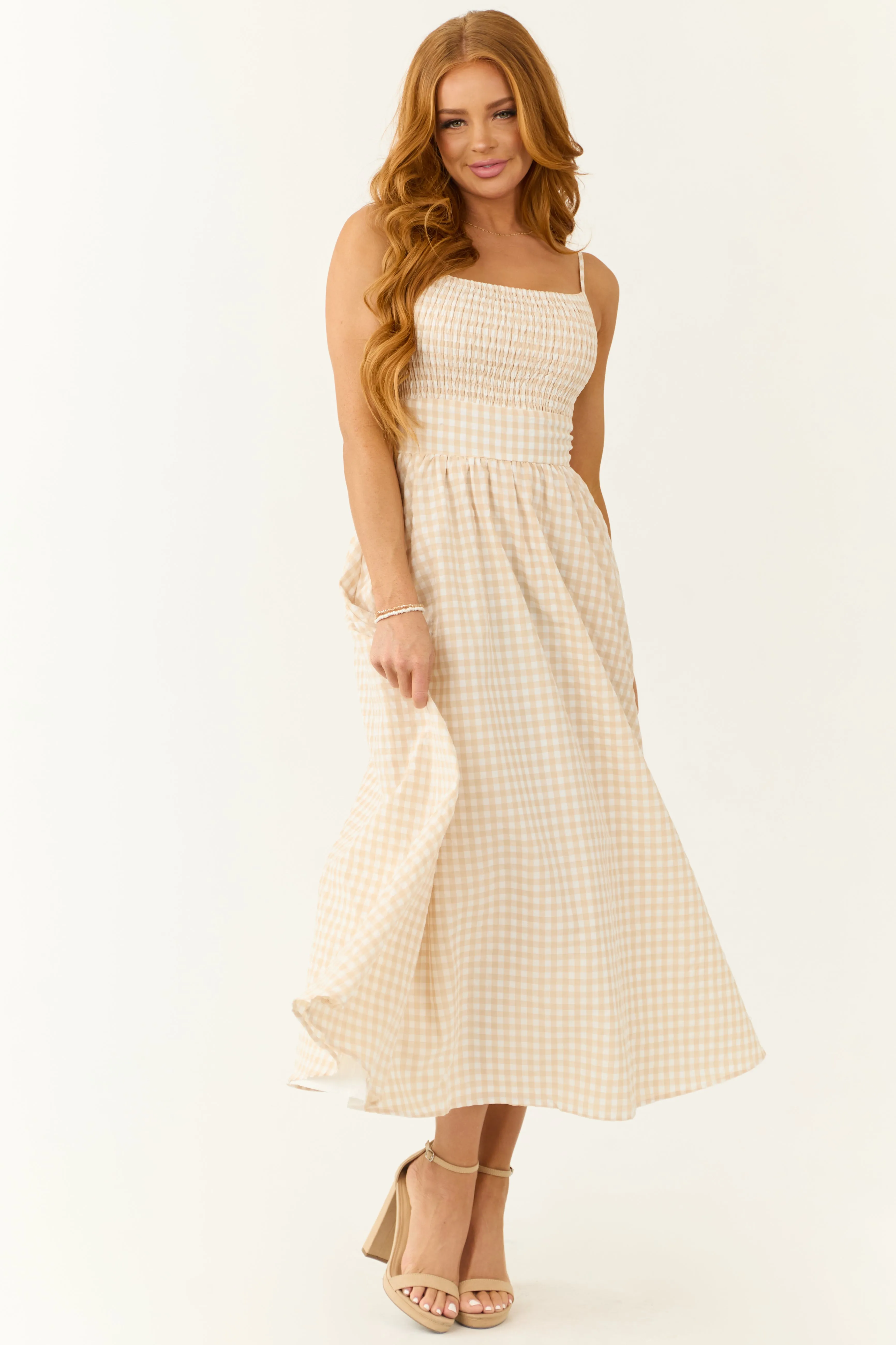 Blush Gingham Square Neck Sleeveless Midi Dress sold by Lime Lush product image thumbnail 3