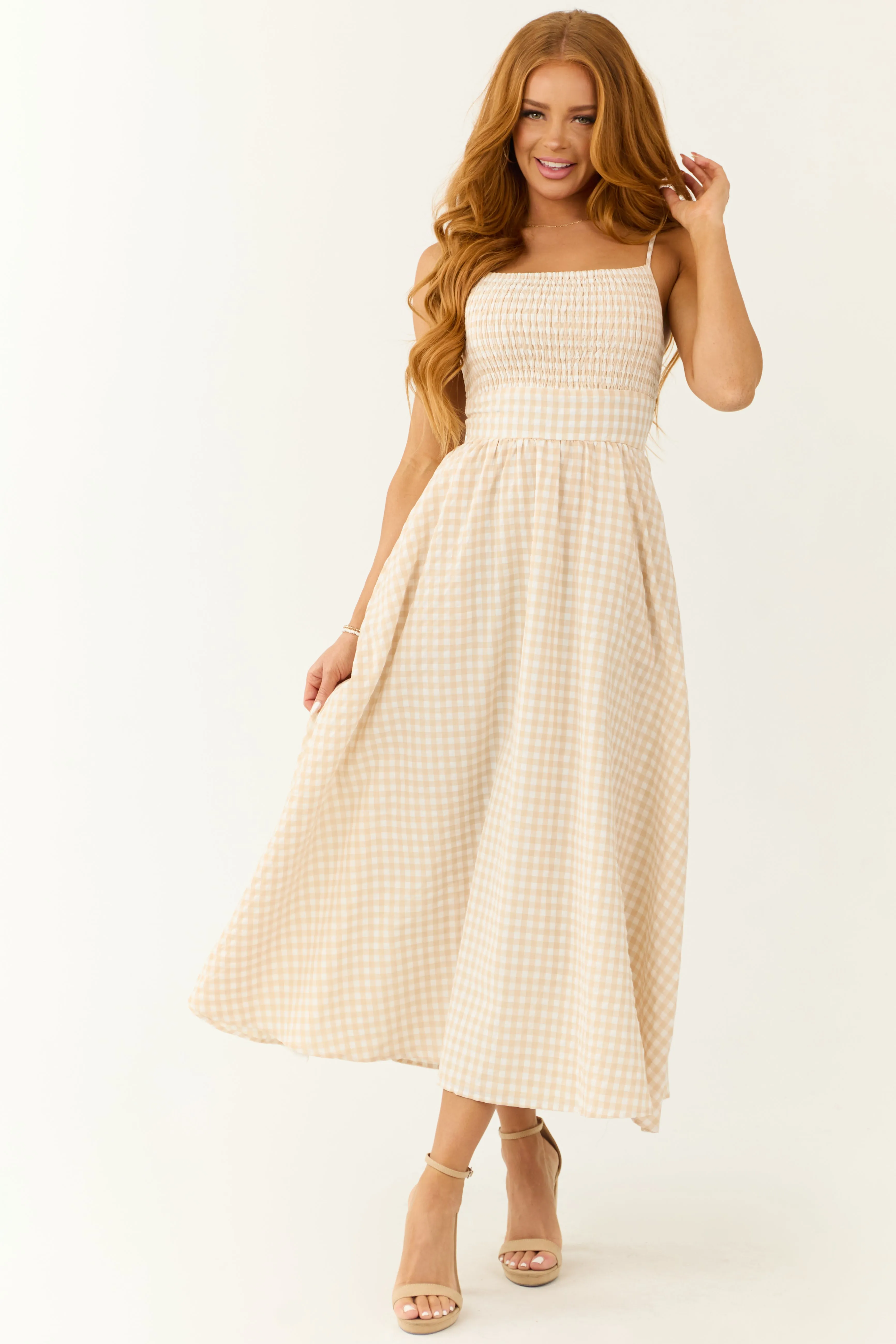 Blush Gingham Square Neck Sleeveless Midi Dress sold by Lime Lush product image thumbnail 2