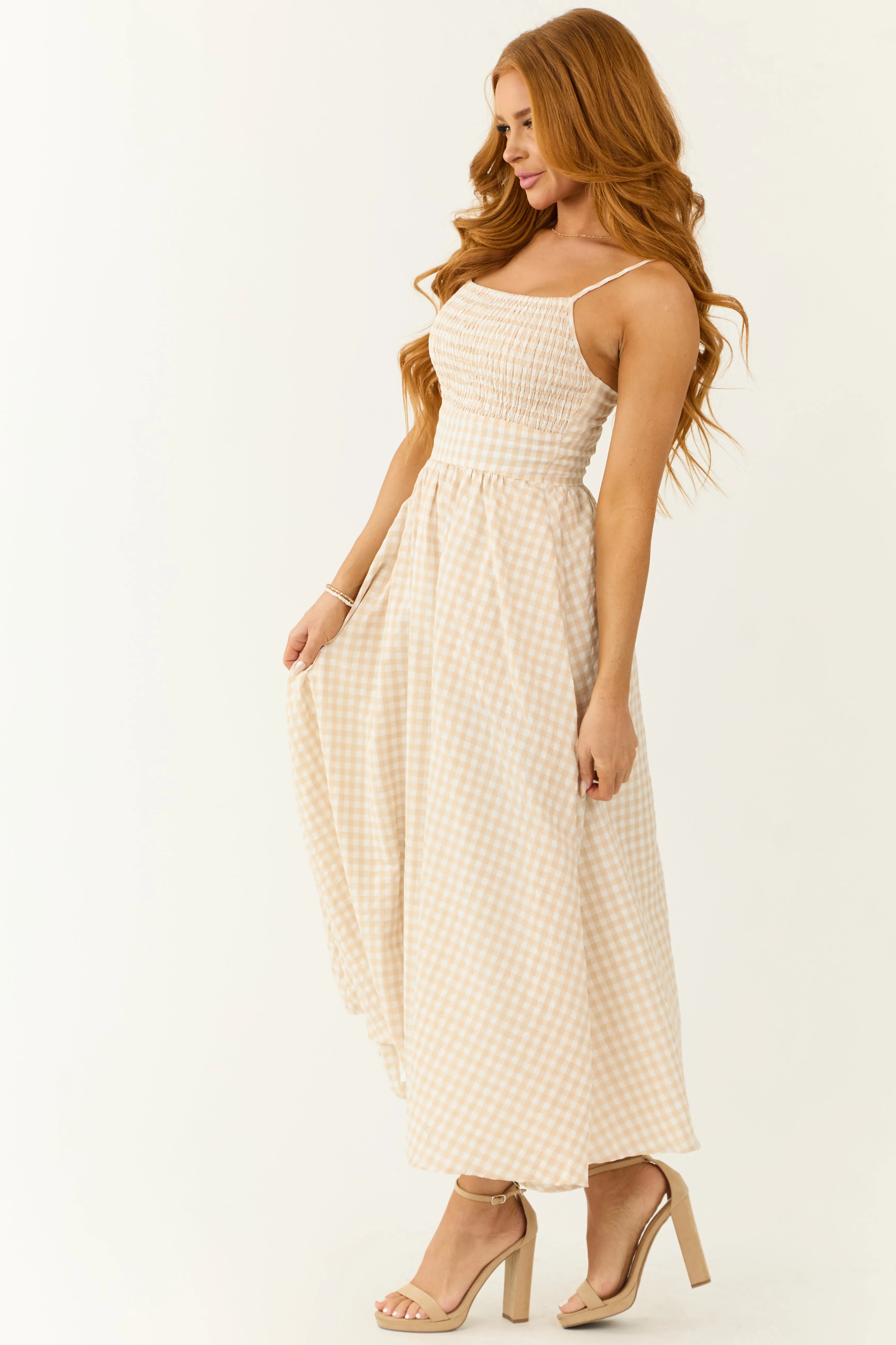 Blush Gingham Square Neck Sleeveless Midi Dress sold by Lime Lush product image thumbnail 4