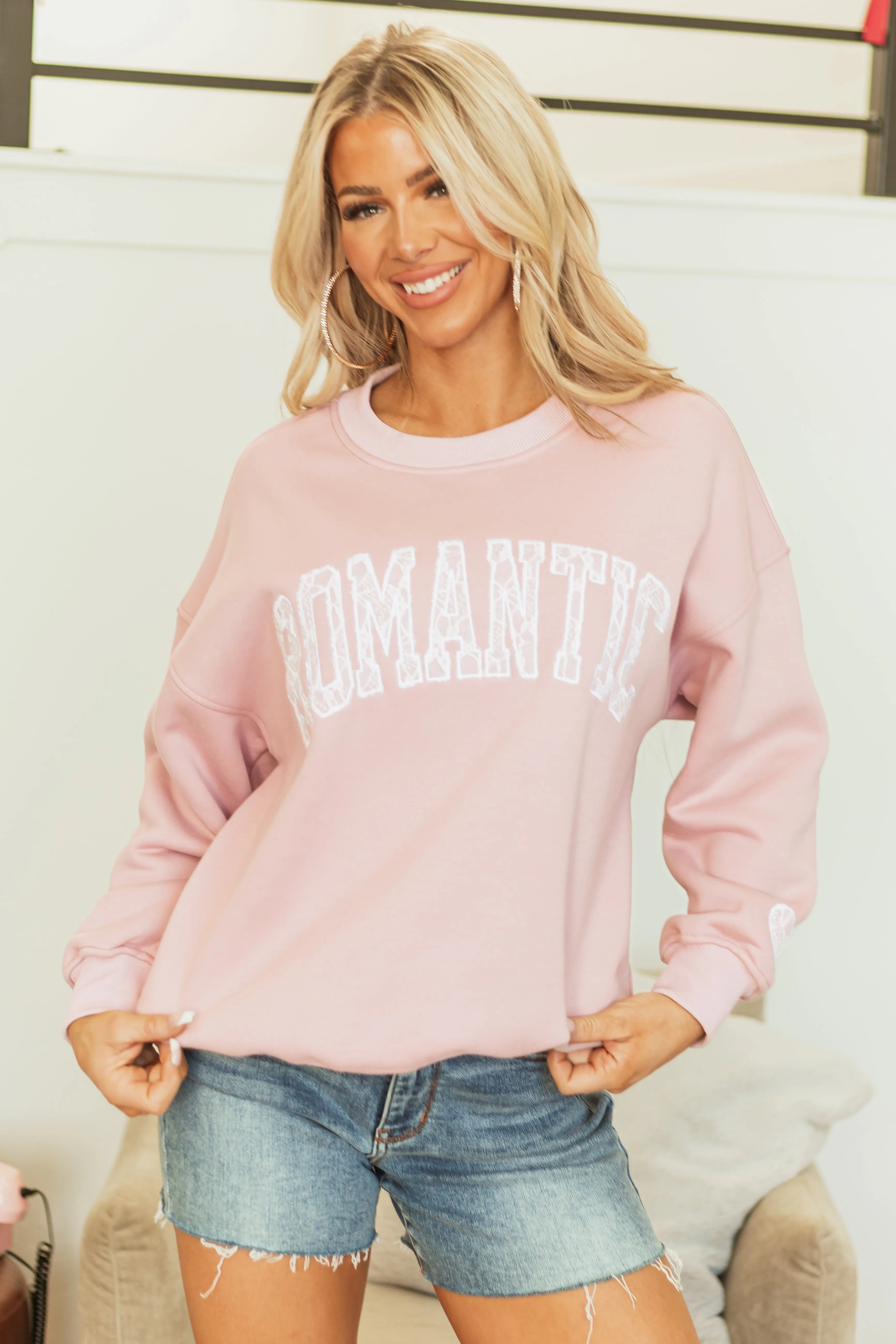 Dusty Blush 'Romantic' Lace Graphic Sweatshirt sold by Lime Lush
