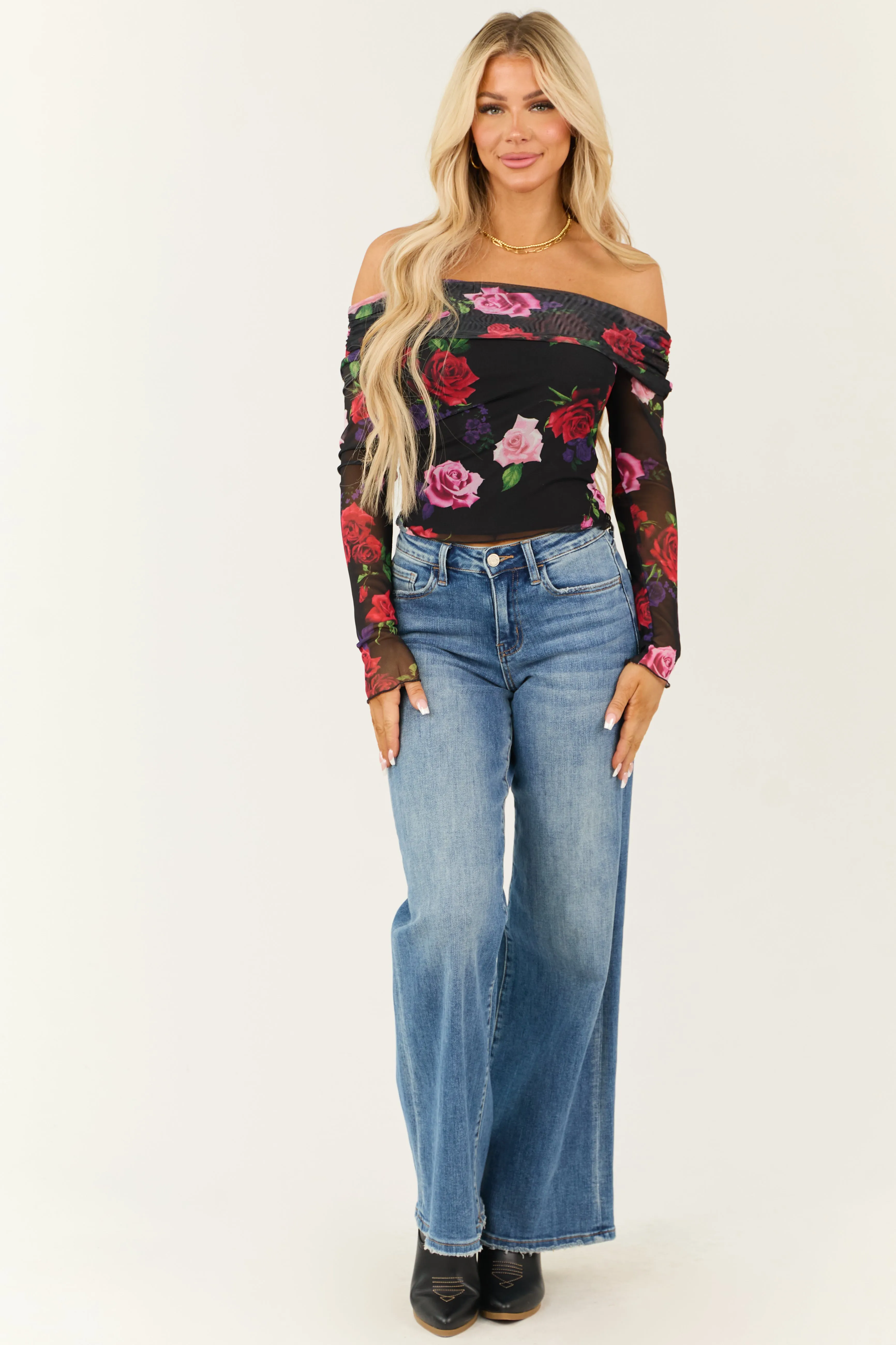 Black Floral Print Ruched Mesh Off Shoulder Top sold by Lime Lush product image thumbnail 3