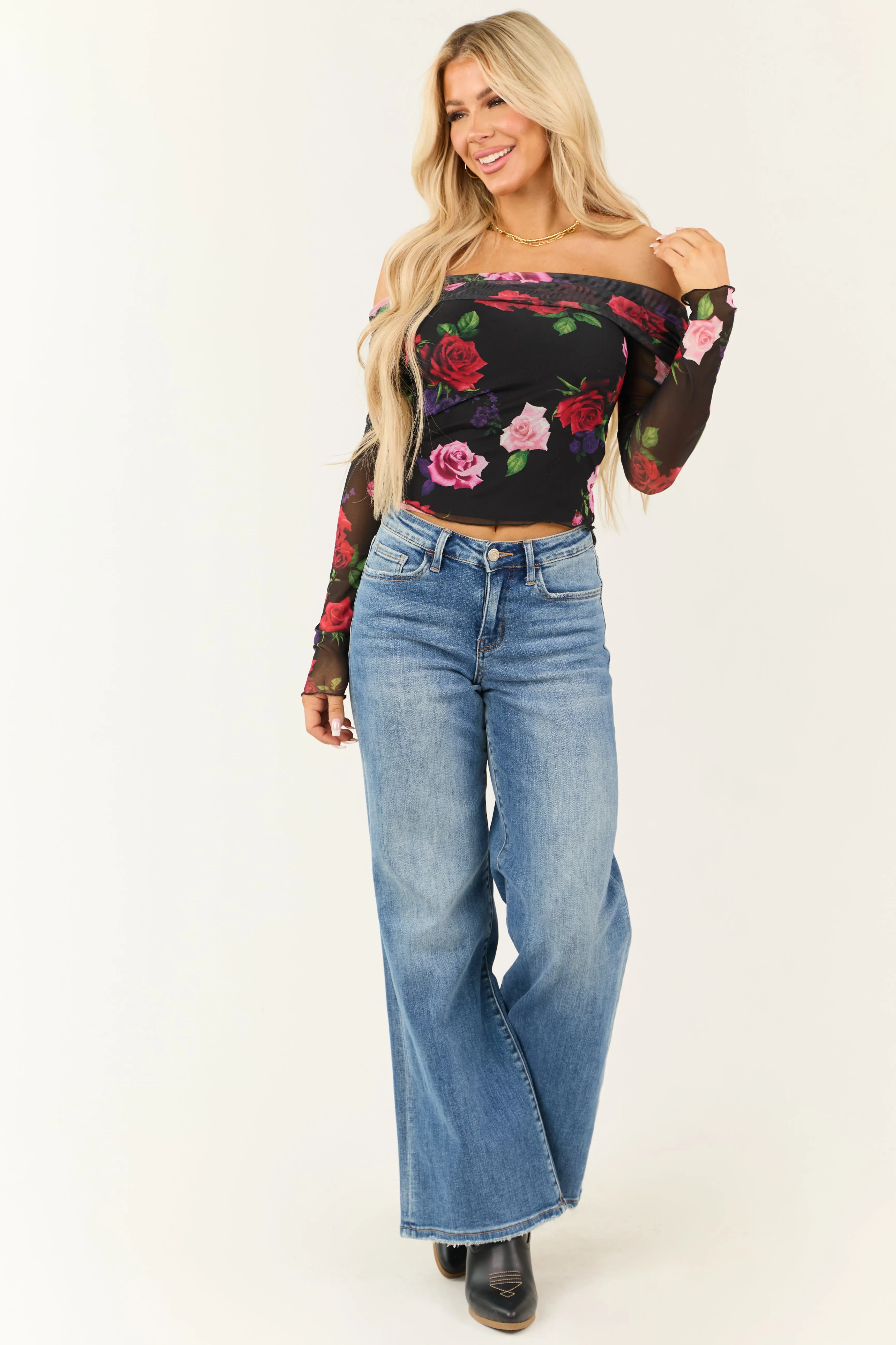 Black Floral Print Ruched Mesh Off Shoulder Top sold by Lime Lush product image thumbnail 4