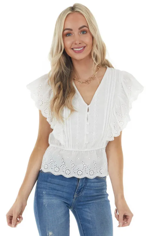 White Short Sleeve Top with Buttons and Floral Eyelet Lace sold by Lime Lush