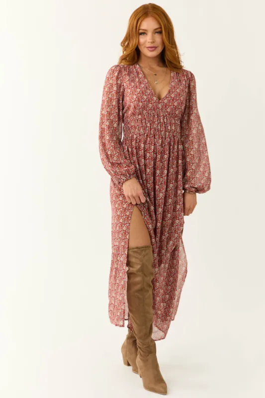 Burgundy Ditsy Floral Print Maxi Dress made by Umgee