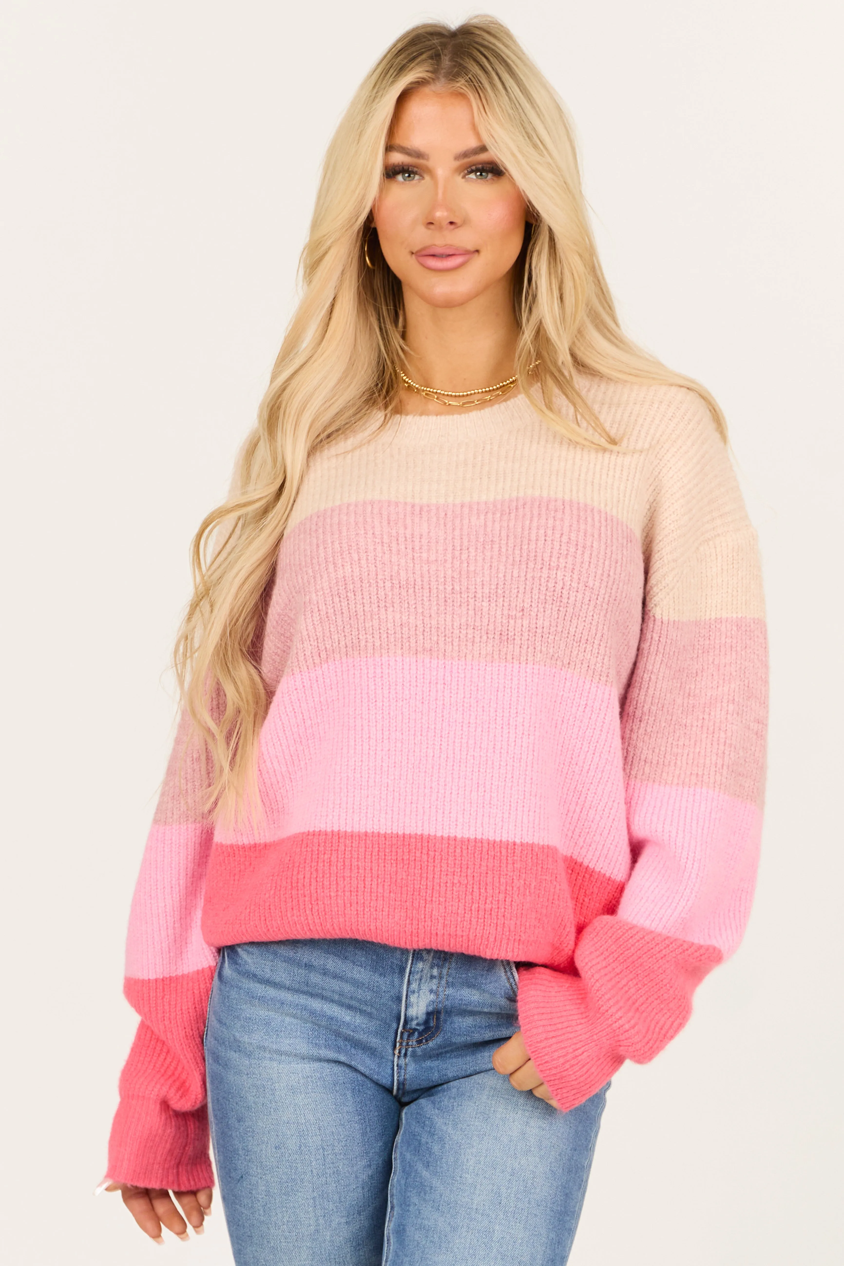 Peach Colorblock Stripe Chunky Knit Sweater sold by Lime Lush product image thumbnail 2