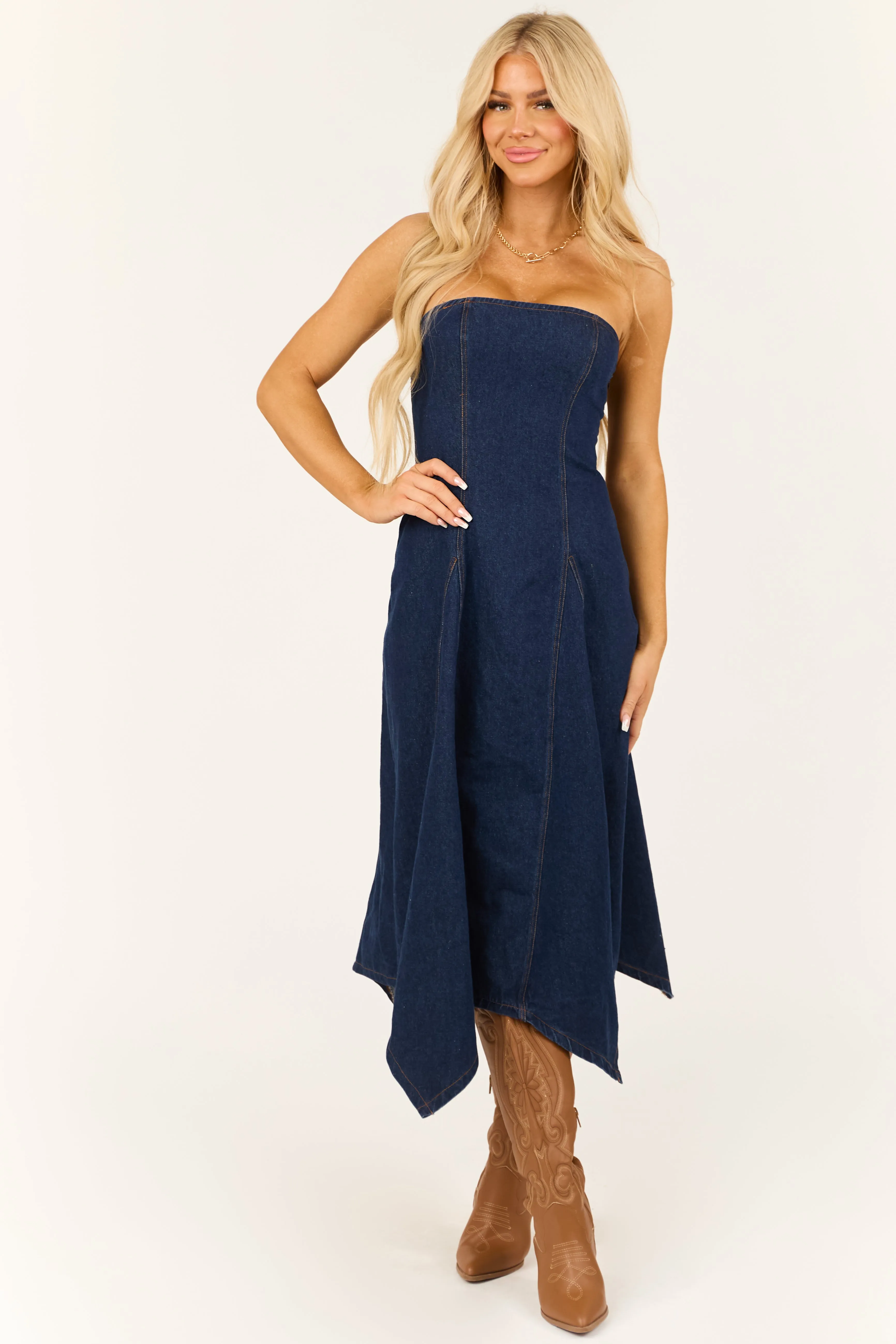 Dark Wash Denim Strapless Scarf Hem Midi Dress sold by Lime Lush product image thumbnail 2