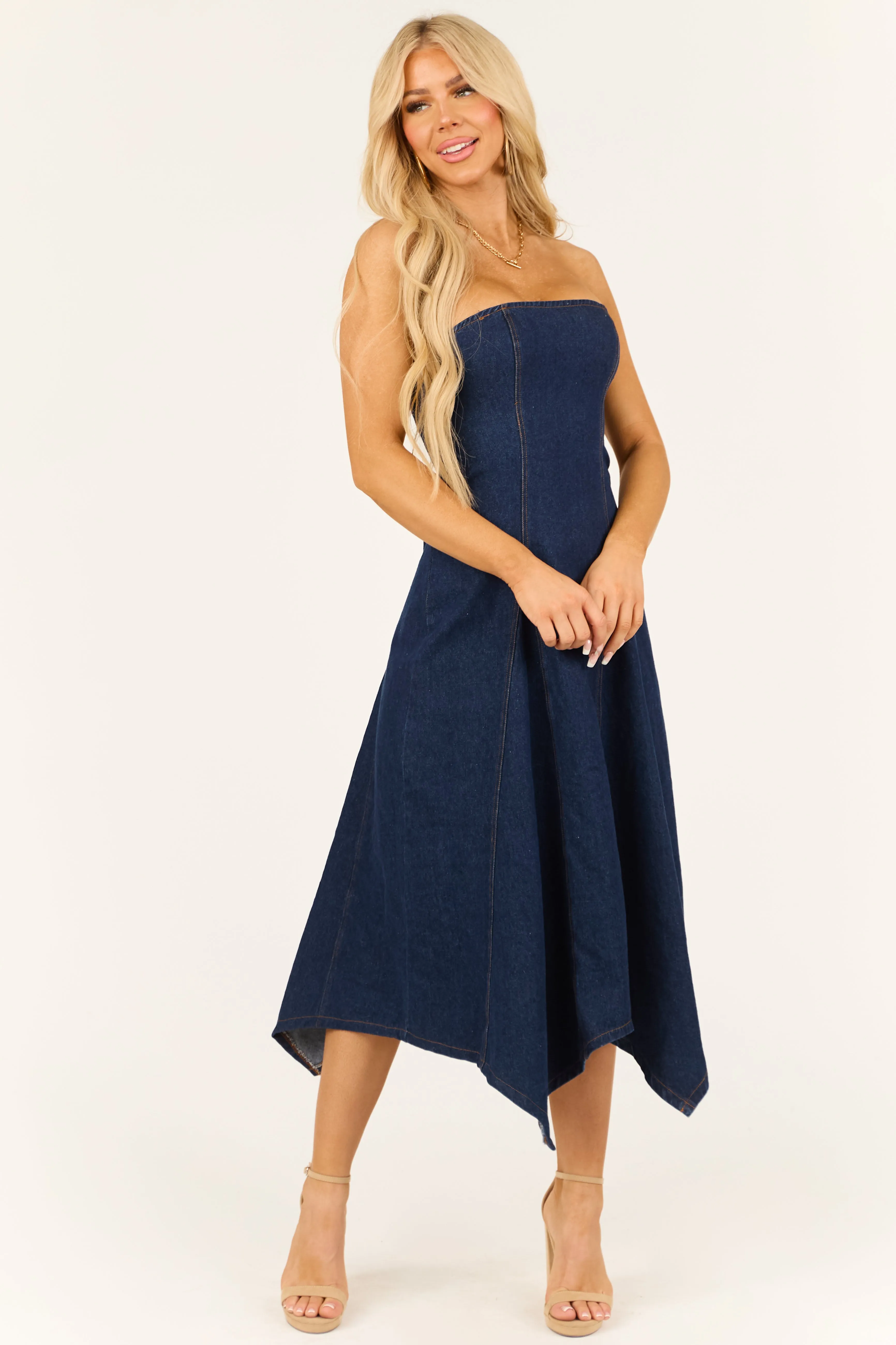 Dark Wash Denim Strapless Scarf Hem Midi Dress sold by Lime Lush product image thumbnail 3