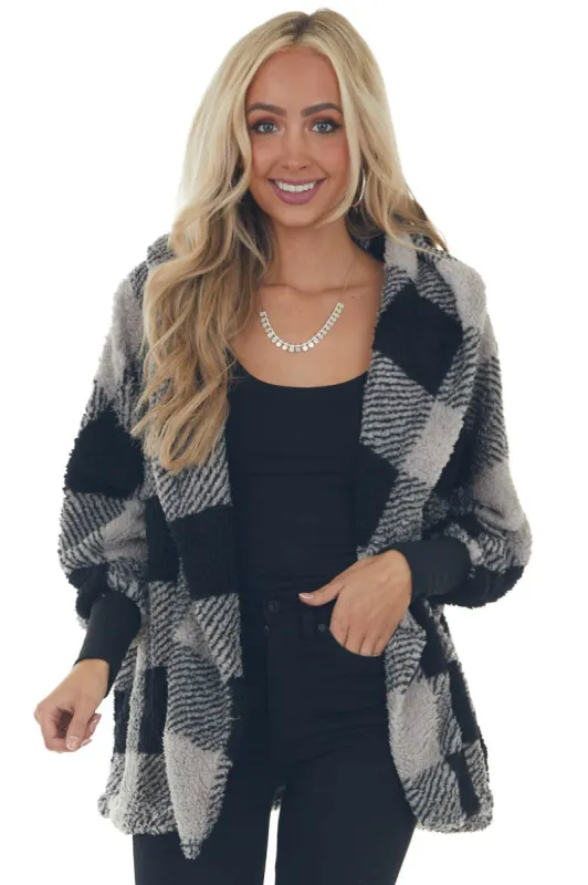 Heather Grey Plaid Hooded Open Front Cardigan made by HYFVE