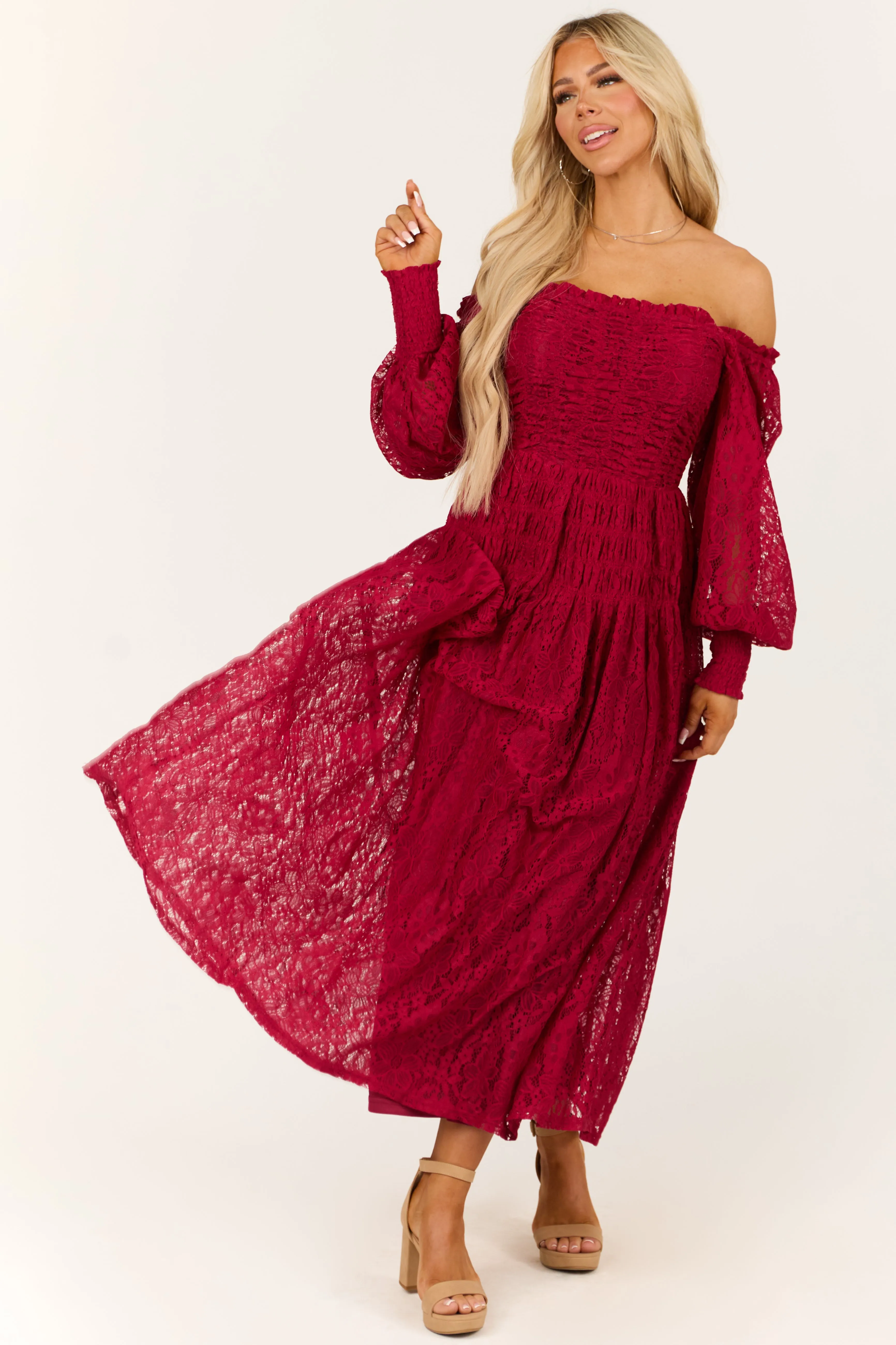Wine Smocked Bubble Sleeve Lace Maxi Dress sold by Lime Lush product image thumbnail 3