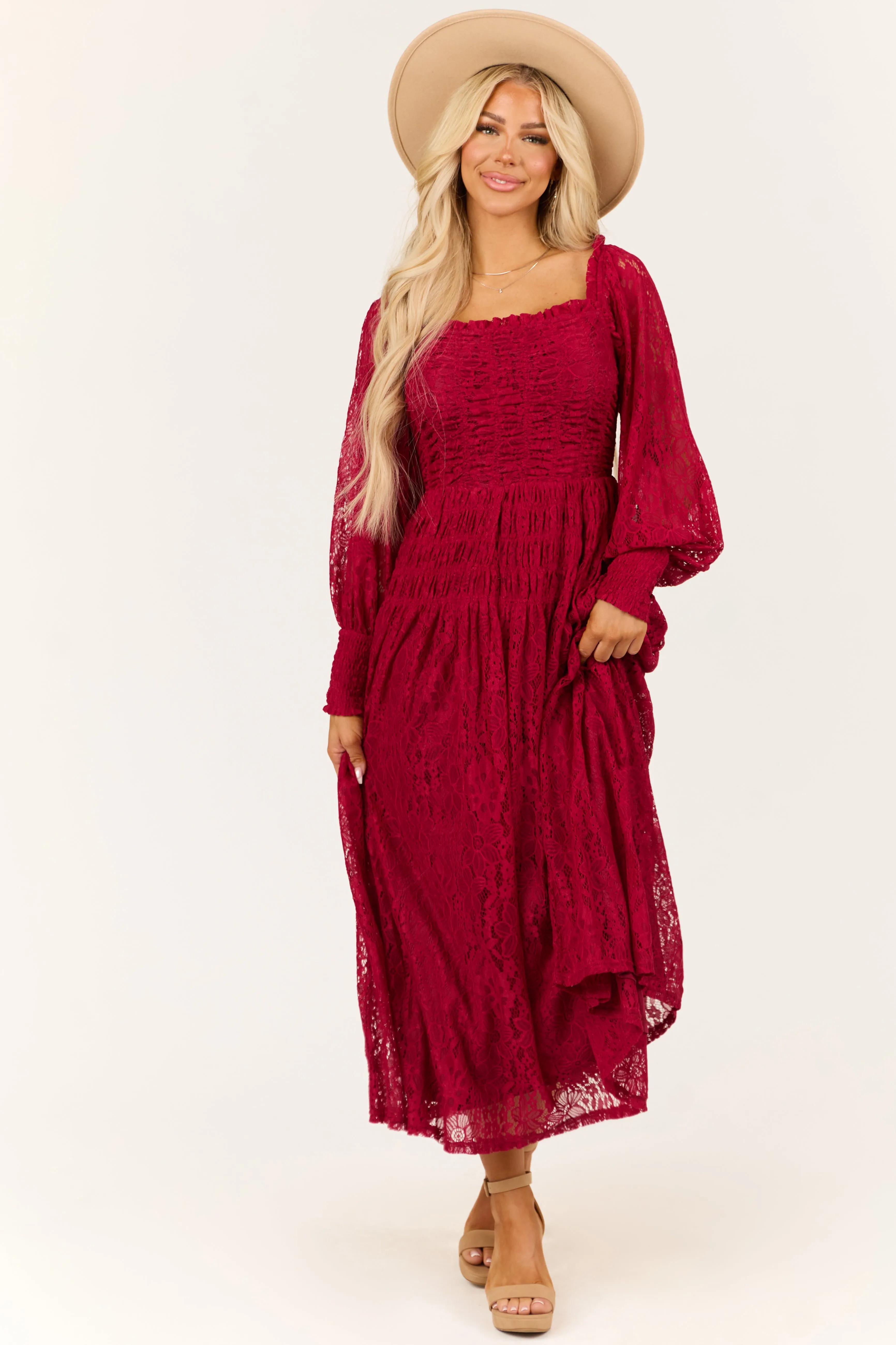 Wine Smocked Bubble Sleeve Lace Maxi Dress sold by Lime Lush