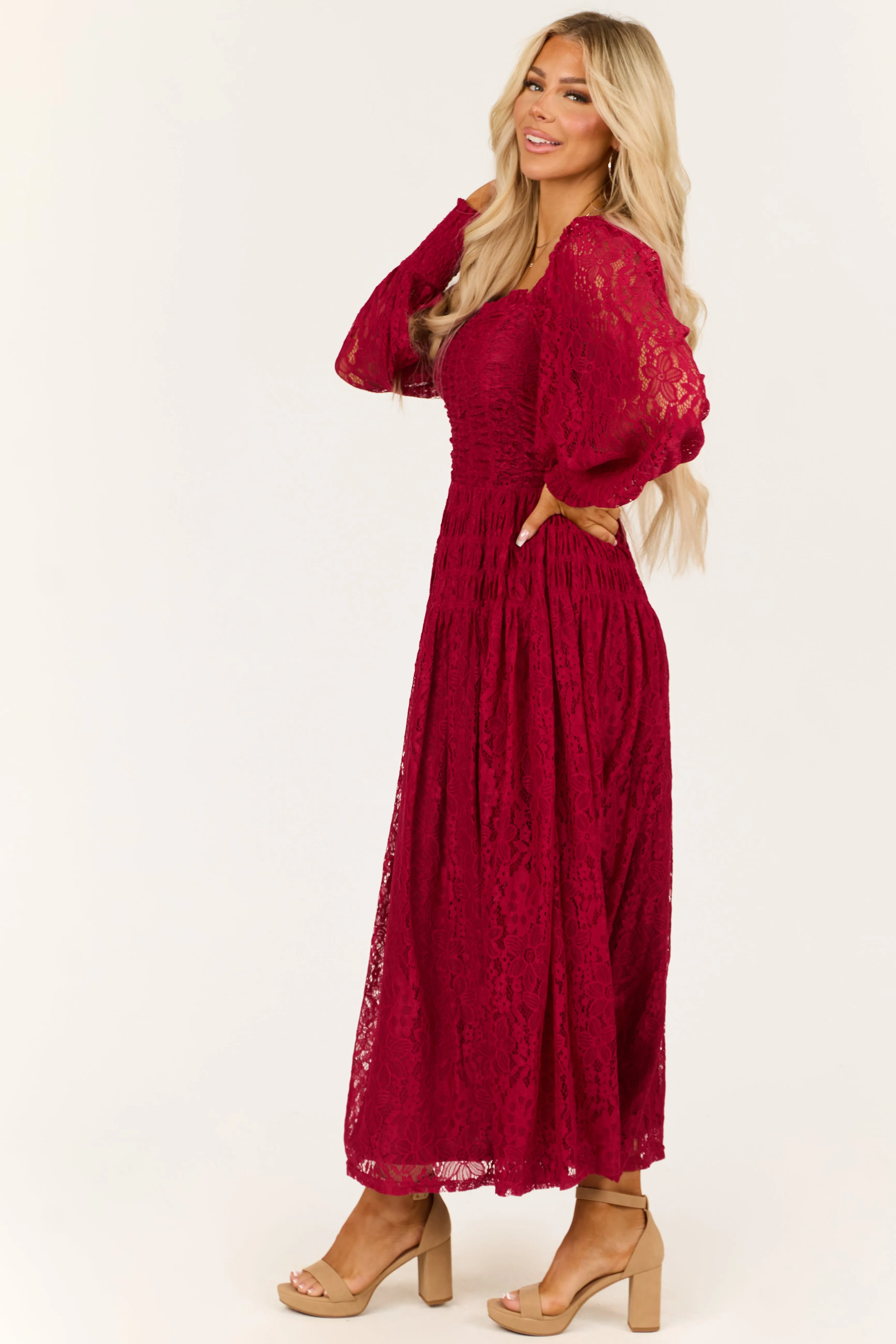 Wine Smocked Bubble Sleeve Lace Maxi Dress sold by Lime Lush product image thumbnail 4