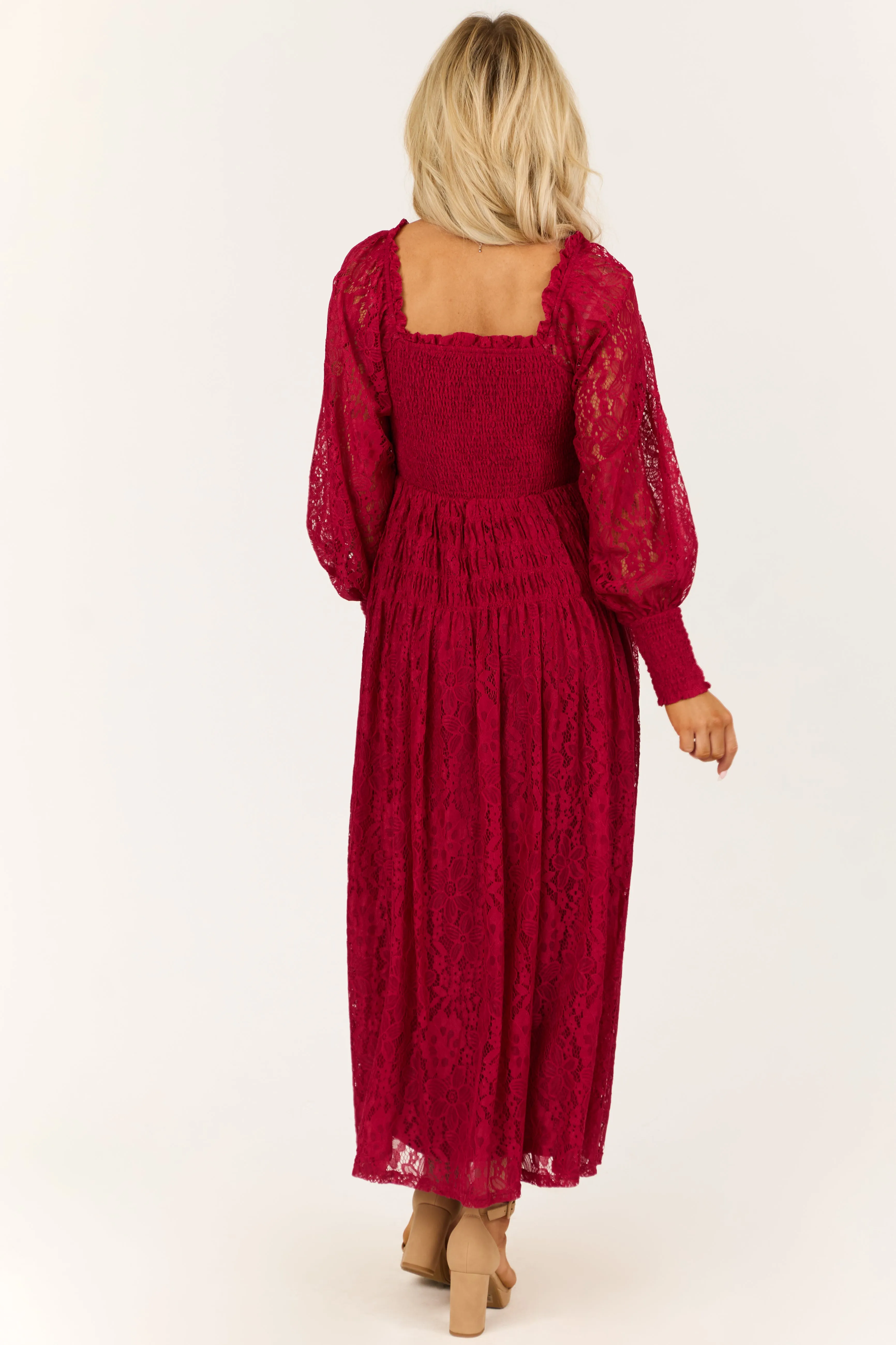 Wine Smocked Bubble Sleeve Lace Maxi Dress sold by Lime Lush product image thumbnail 5