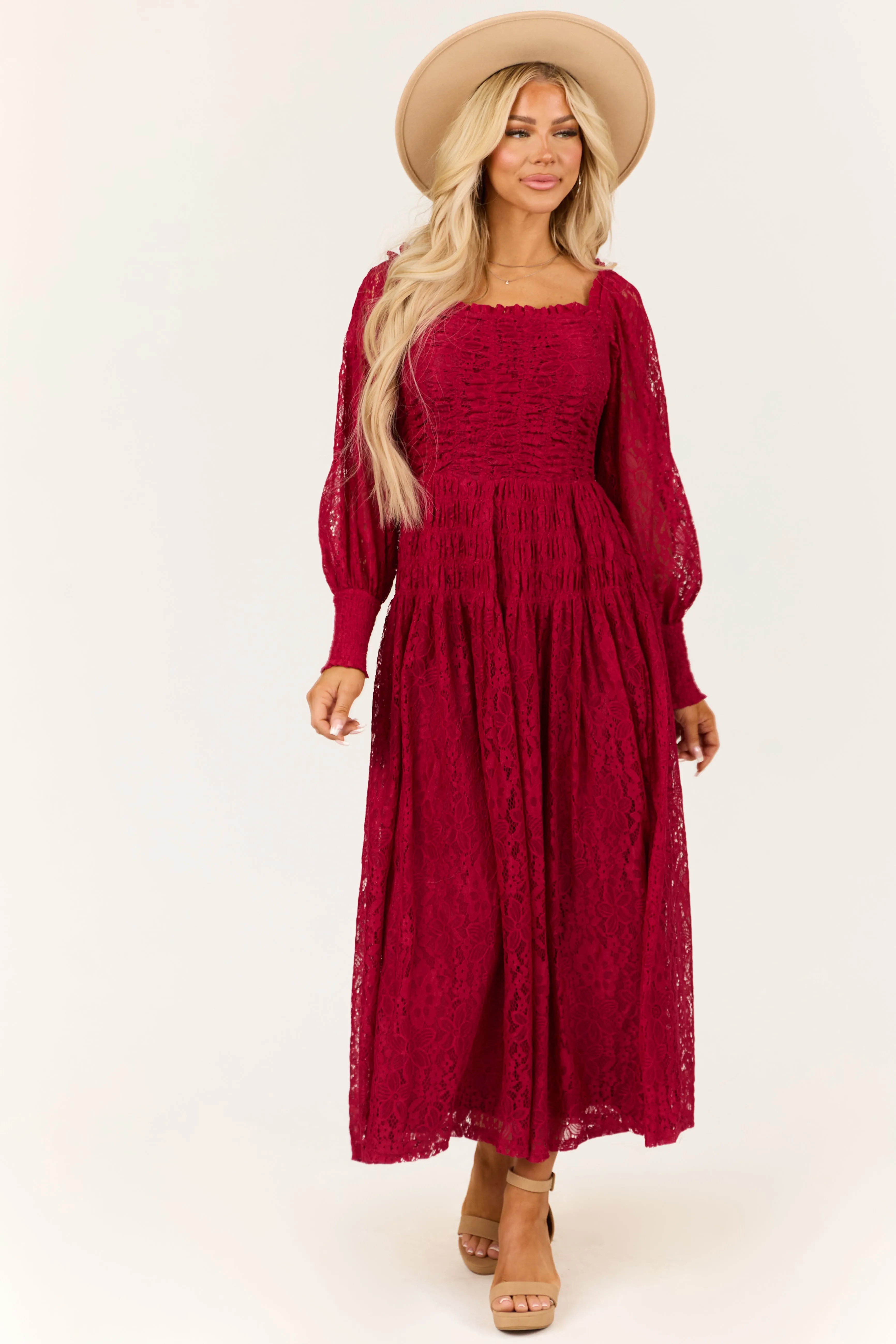Wine Smocked Bubble Sleeve Lace Maxi Dress sold by Lime Lush product image thumbnail 2