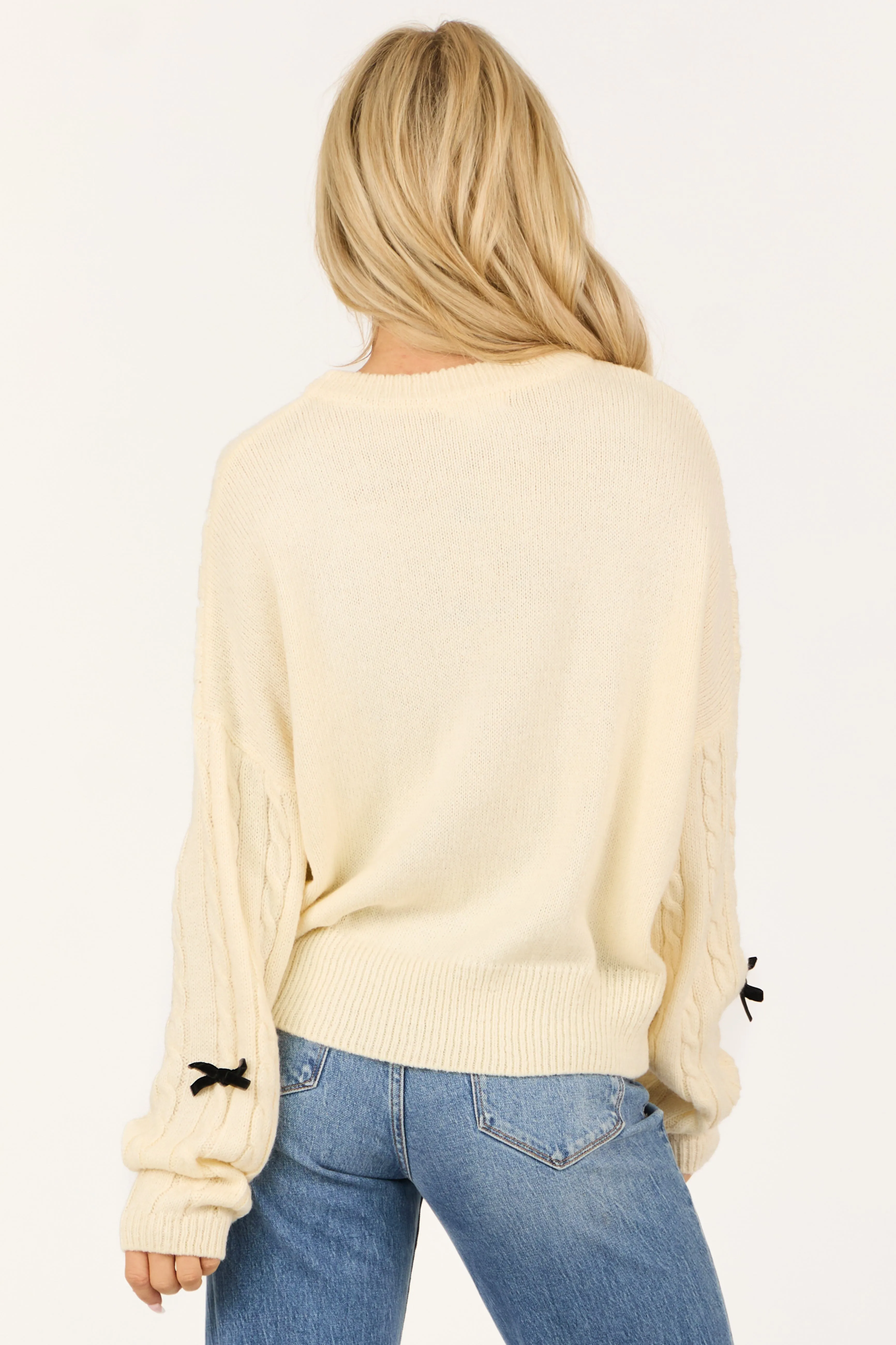 Cream Bow Detail Cable Knit Long Sleeve Sweater sold by Lime Lush product image thumbnail 4