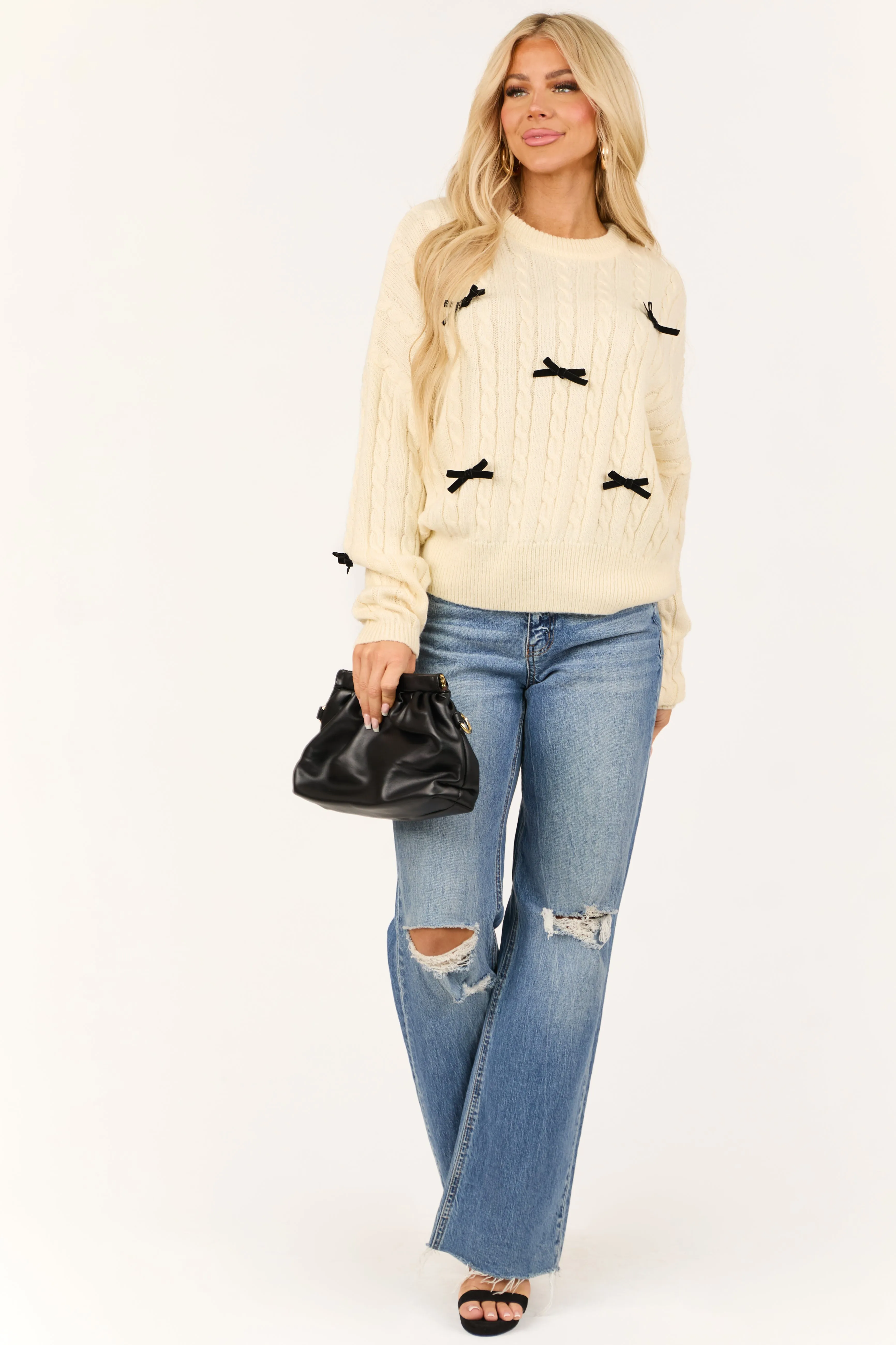 Cream Bow Detail Cable Knit Long Sleeve Sweater sold by Lime Lush product image thumbnail 3