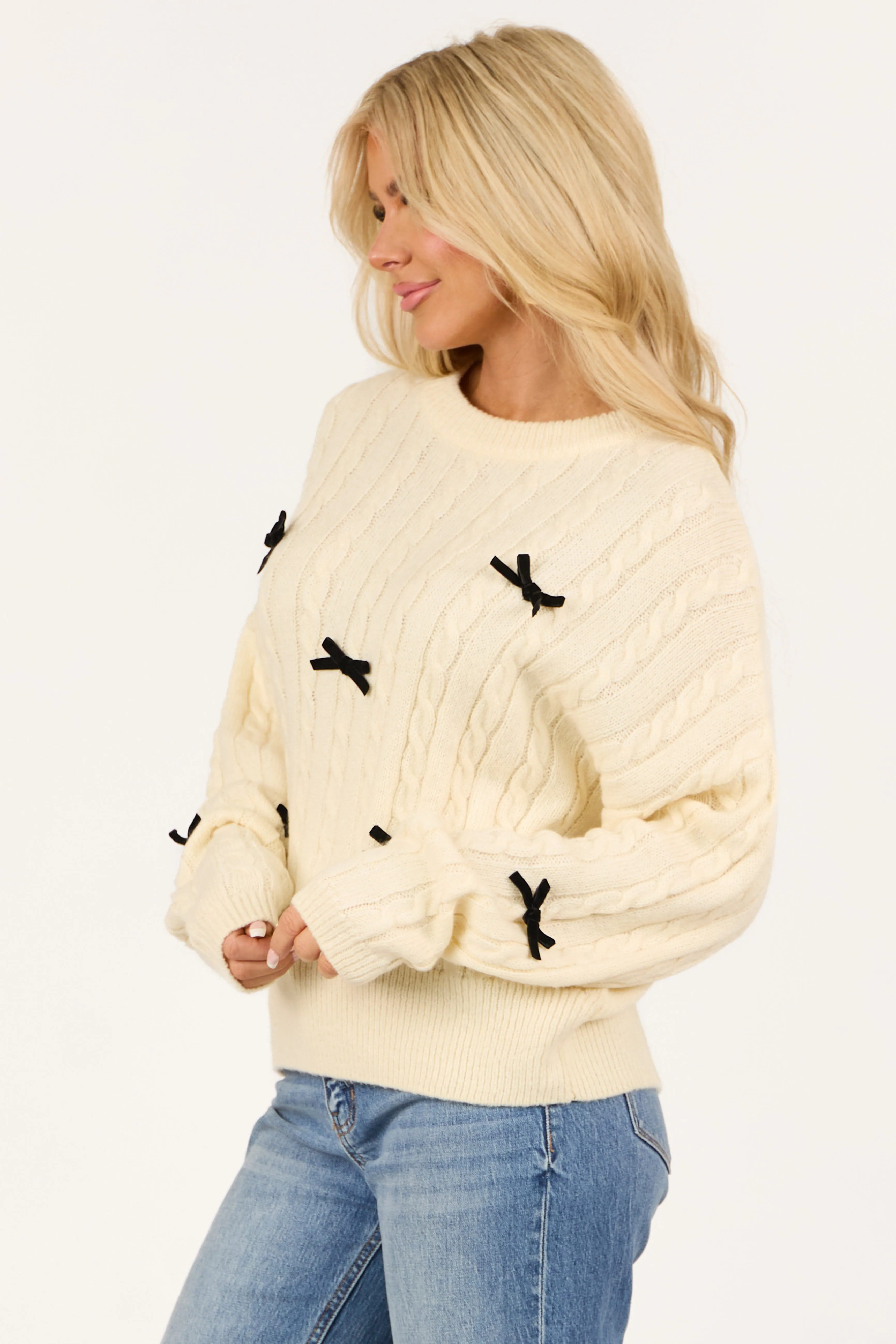 Cream Bow Detail Cable Knit Long Sleeve Sweater sold by Lime Lush product image thumbnail 5