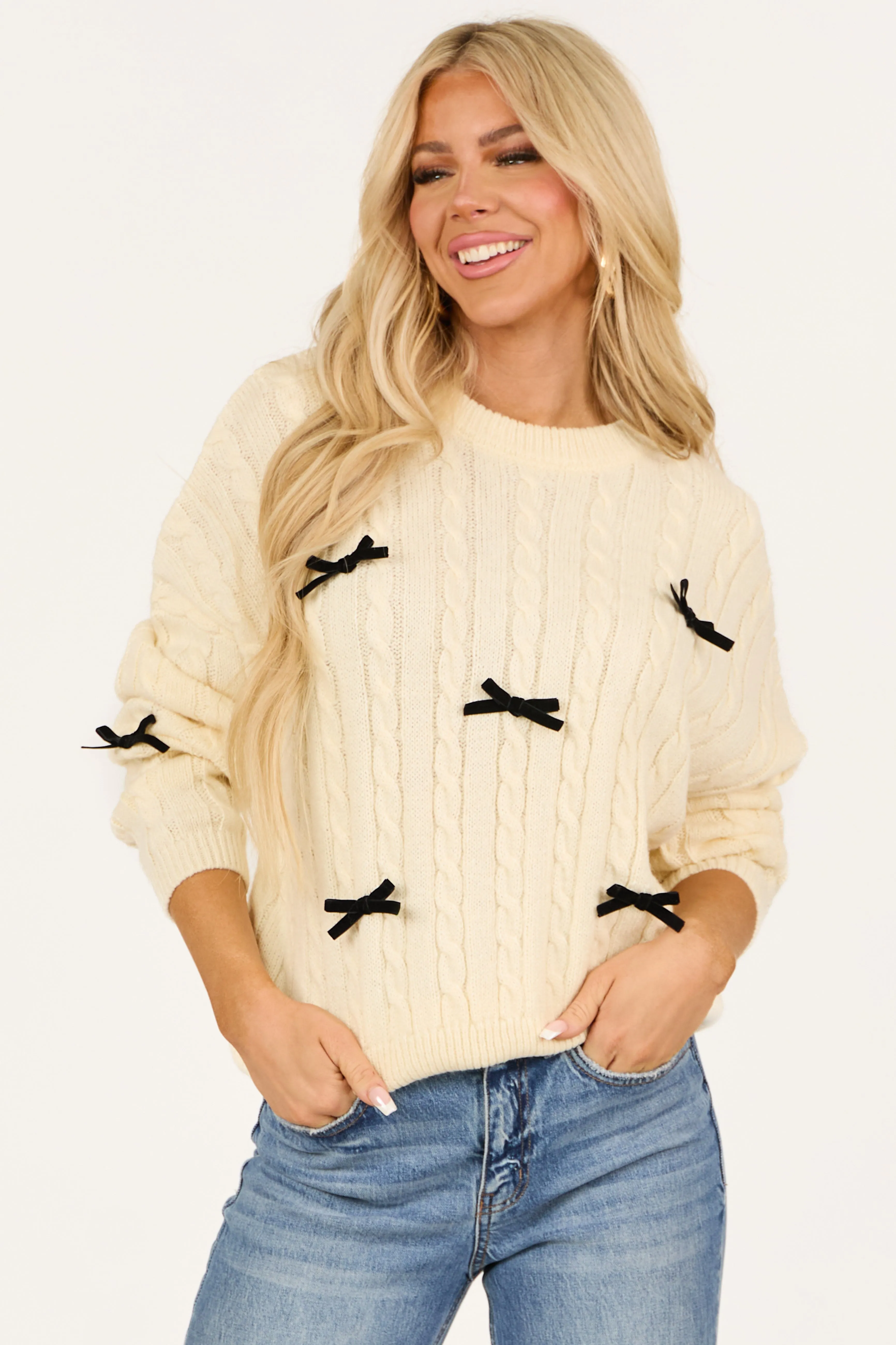 Cream Bow Detail Cable Knit Long Sleeve Sweater sold by Lime Lush