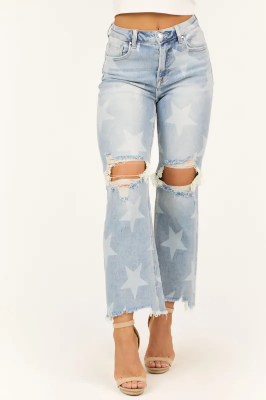 Risen Light Wash Star Print Cropped Straight Jeans sold by Lime Lush