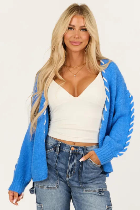 Sapphire Knit Contrast Stitch Long Sleeve Cardigan sold by Lime Lush