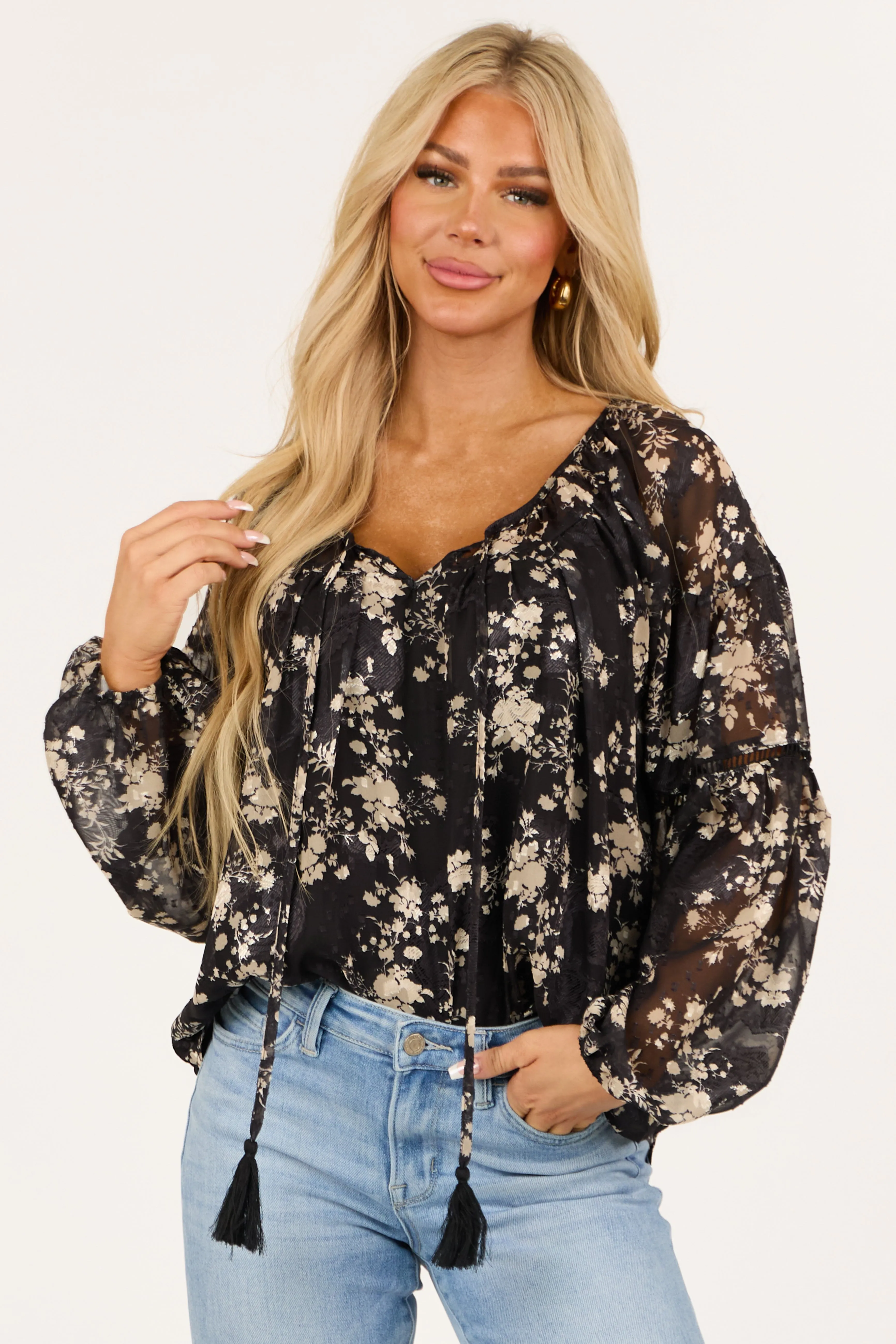 Black Floral Print Chiffon Long Sleeve Top sold by Lime Lush