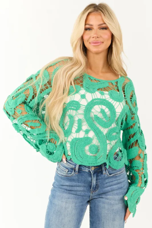 Kelly Green Crochet Lace Long Flare Sleeve Top sold by Lime Lush